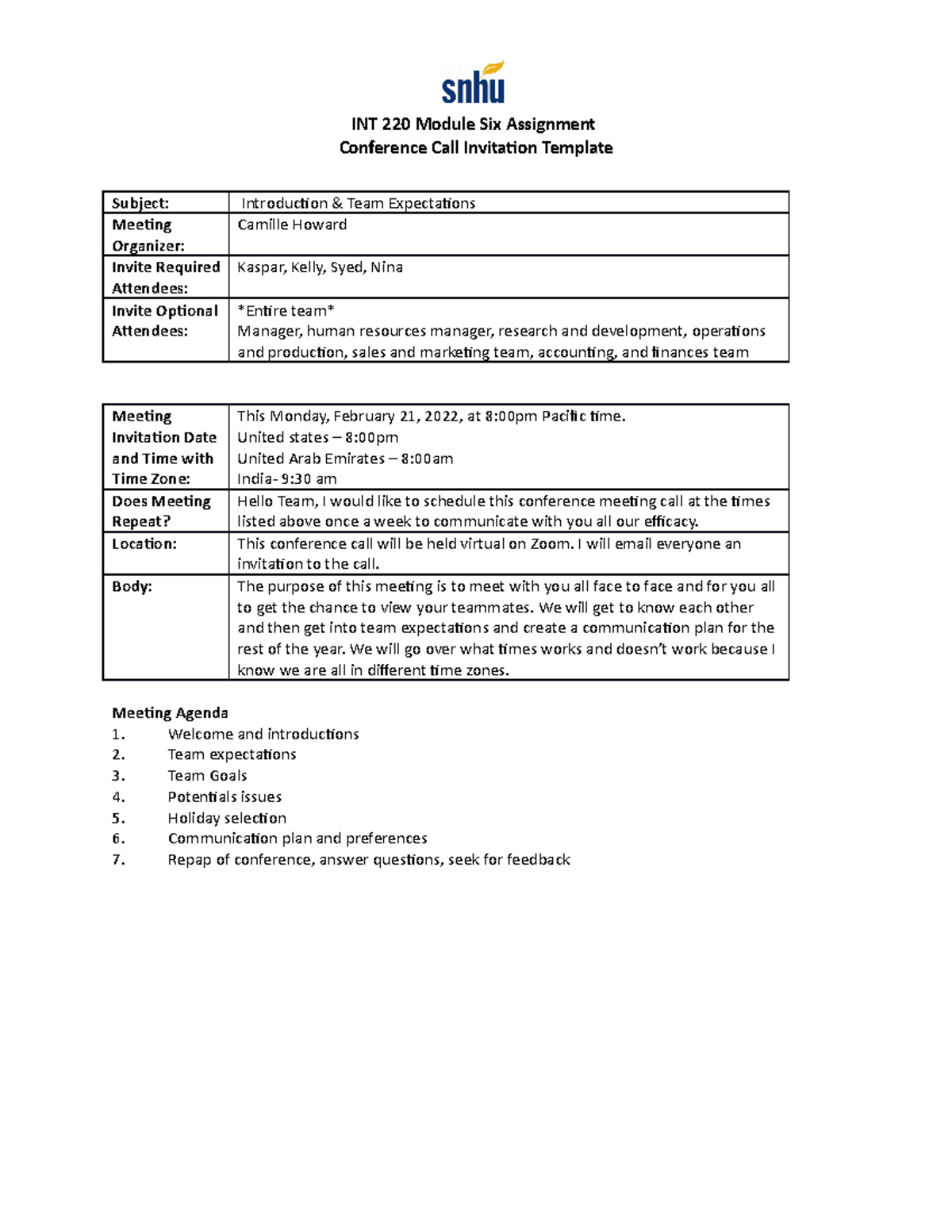 INT 220 Conference Call Invitation Template and Team Expectations - Studocu