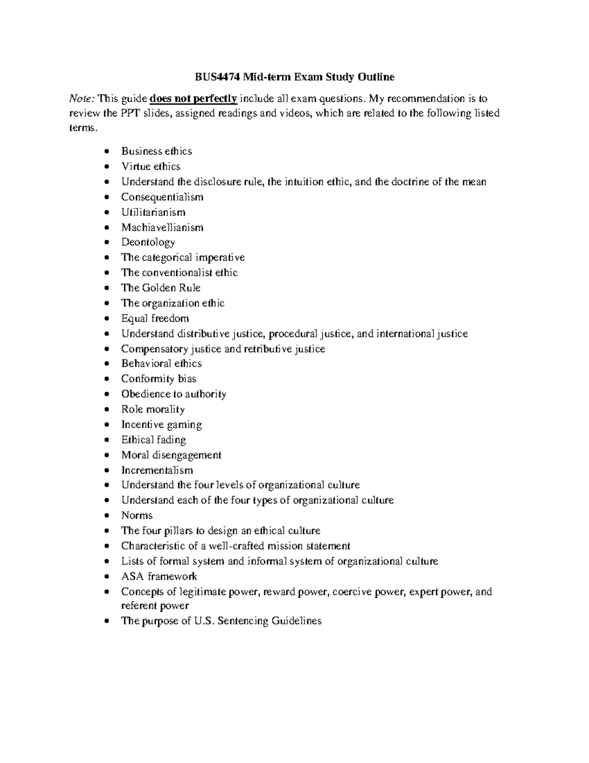 BUS4474 Mid-term Exam Study Guide on Business Ethics Concepts - Studocu