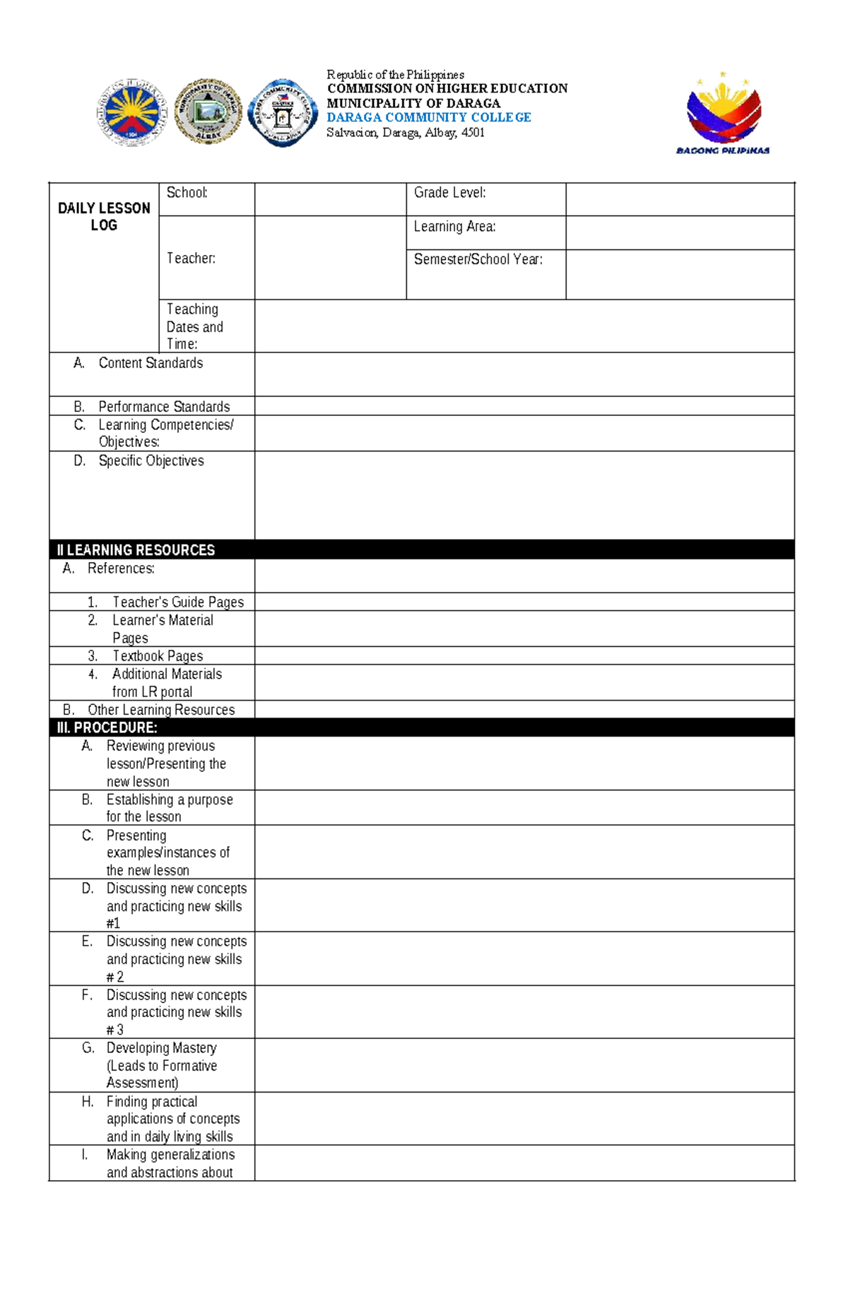 Daily Lesson Log Template for Grade Level - Daraga Community College ...