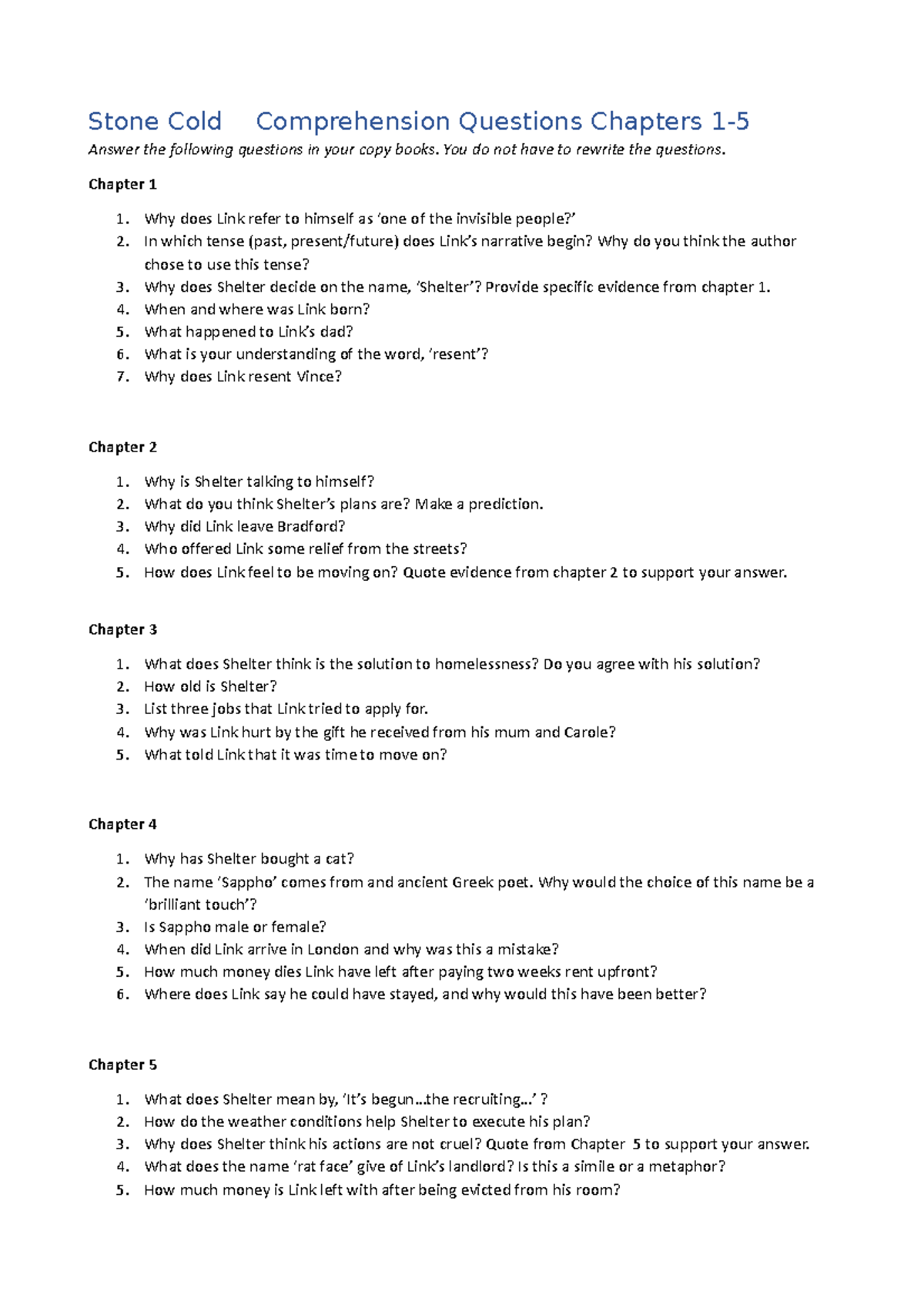 Stone Cold Comprehension Questions for Chapters 1-5 - Studocu