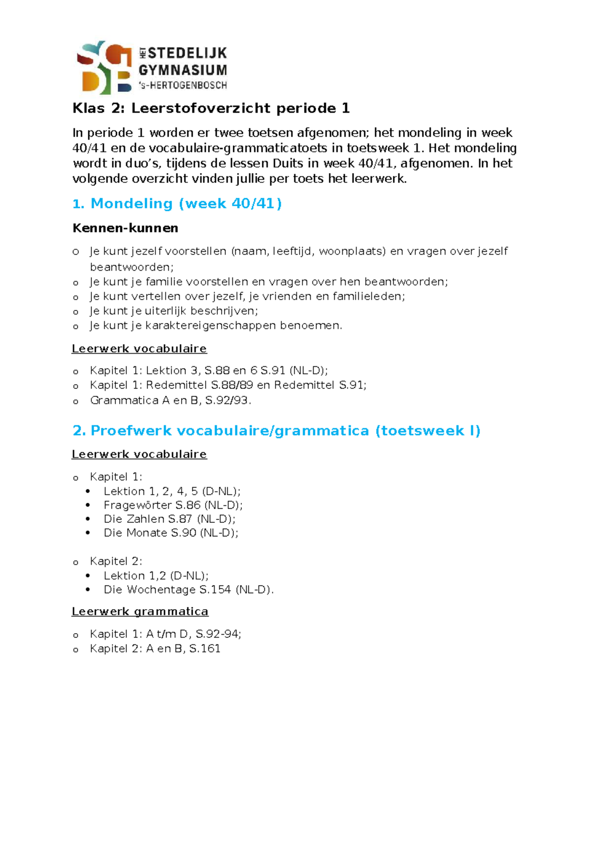 Klas 2: Leerstofoverzicht Toetsen Periode 1 - Studeersnel