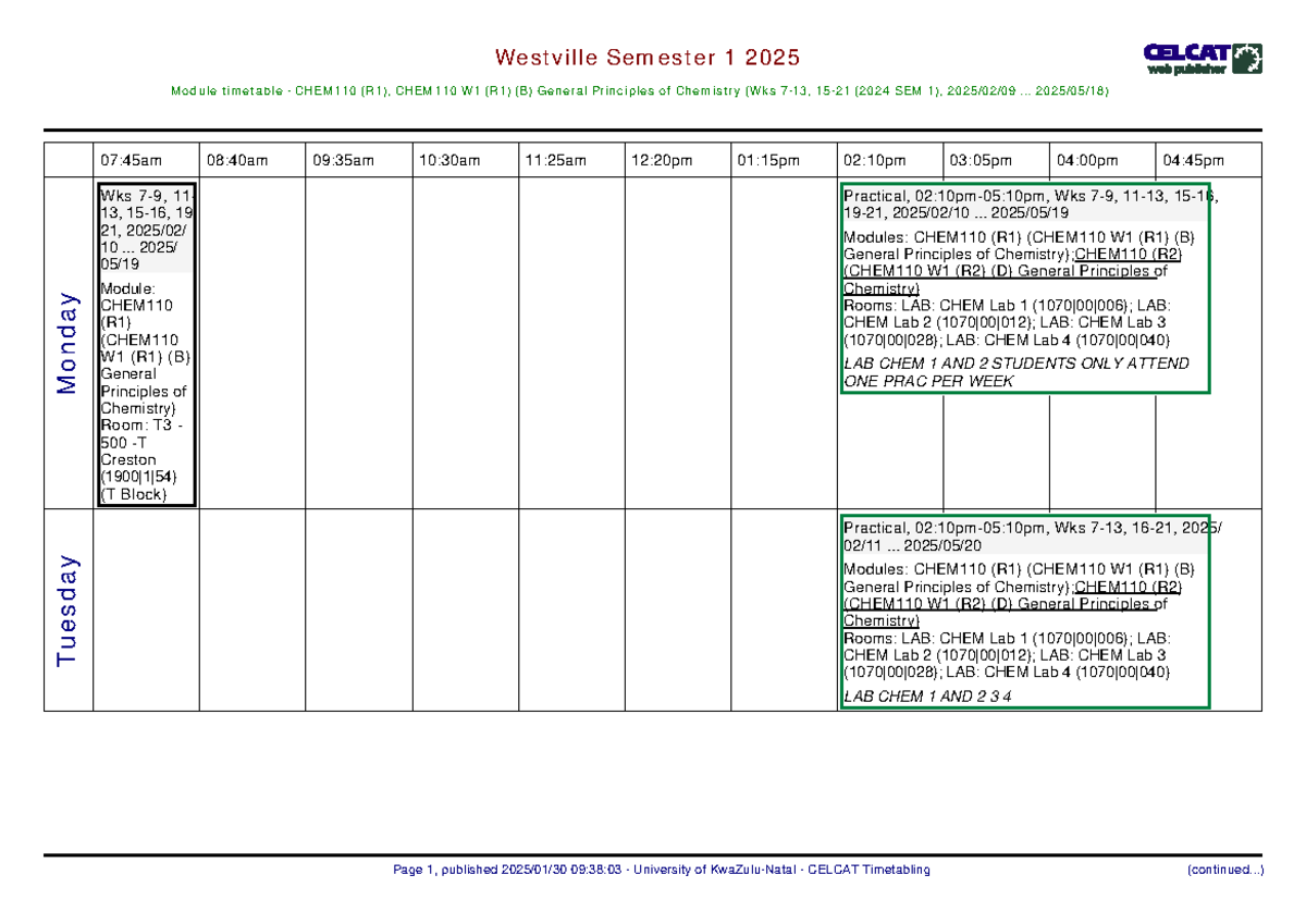 Chem110 timetable - Westville Semester 1 2025 Module timetable ...