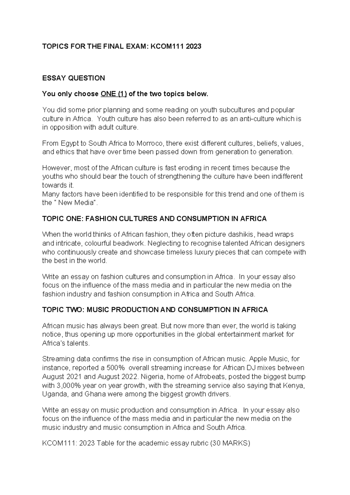 Final Exam Topics: Youth Culture & Consumption in Africa (2023) - Studocu