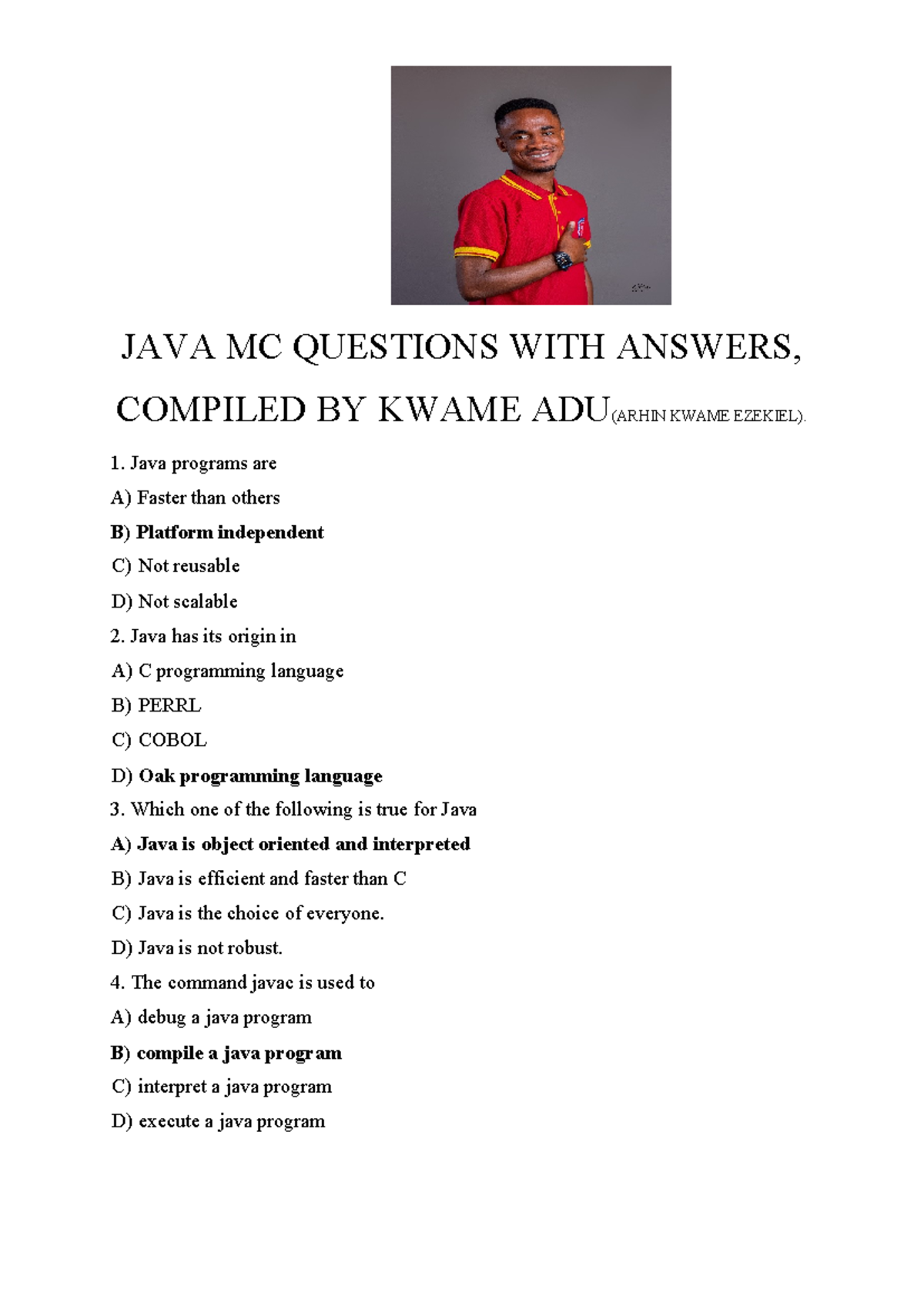 JAVA MC Questions & Answers - Compiled by ADU (PMT1001) - Studocu