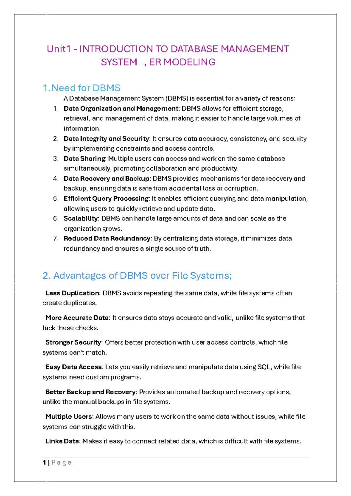 DBMS Unit 1: Introduction to Database Management Systems for Final Exam ...