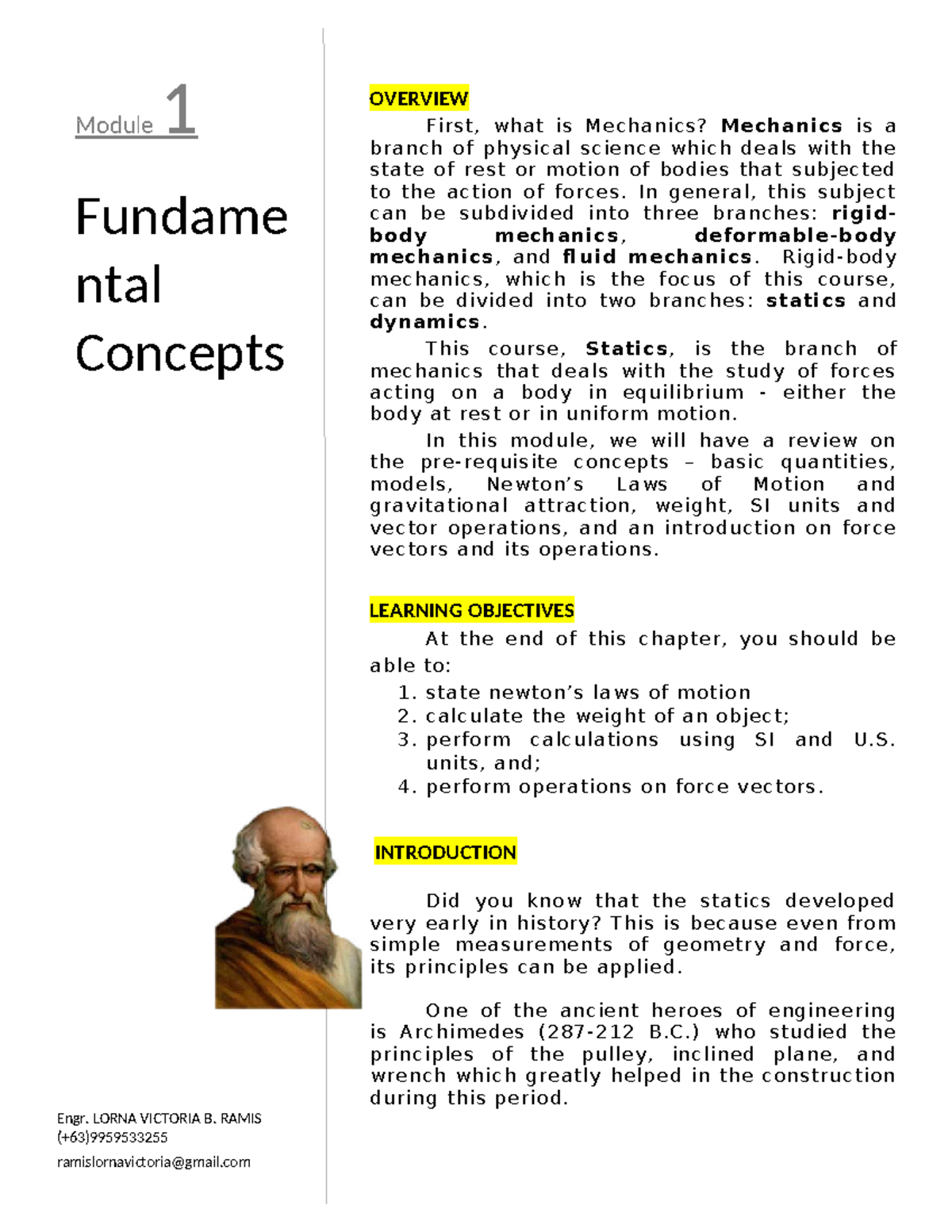 Eng'g Mechanics (Statics) - Module 1: Fundamental Concepts Overview ...