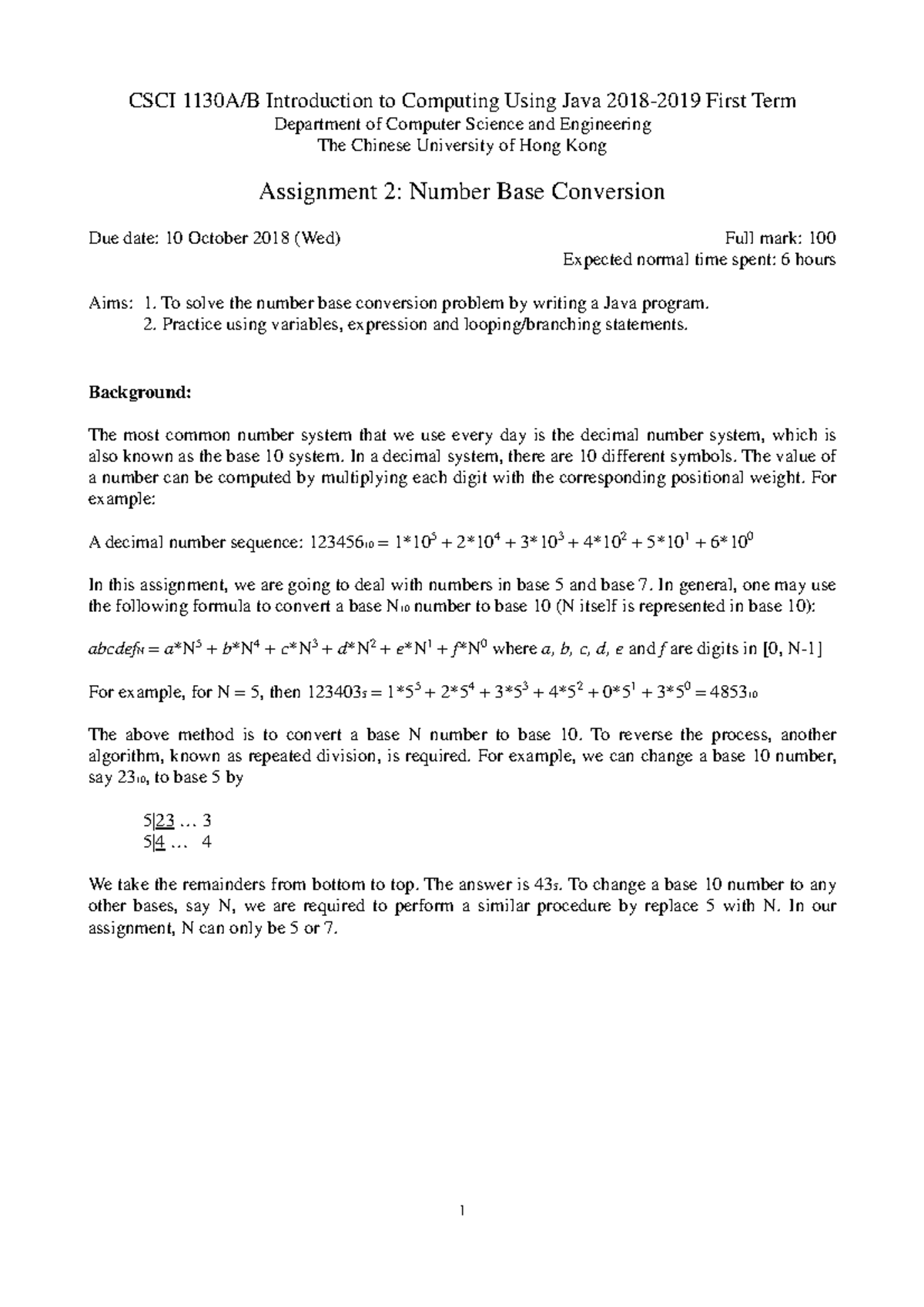 CSCI Assignment 2: Java Program for Base Conversion Techniques - Studocu