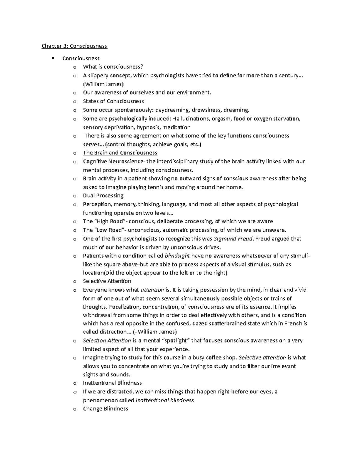 Psych lecture notes chapter 3 - Chapter 3: Consciousness Consciousness ...