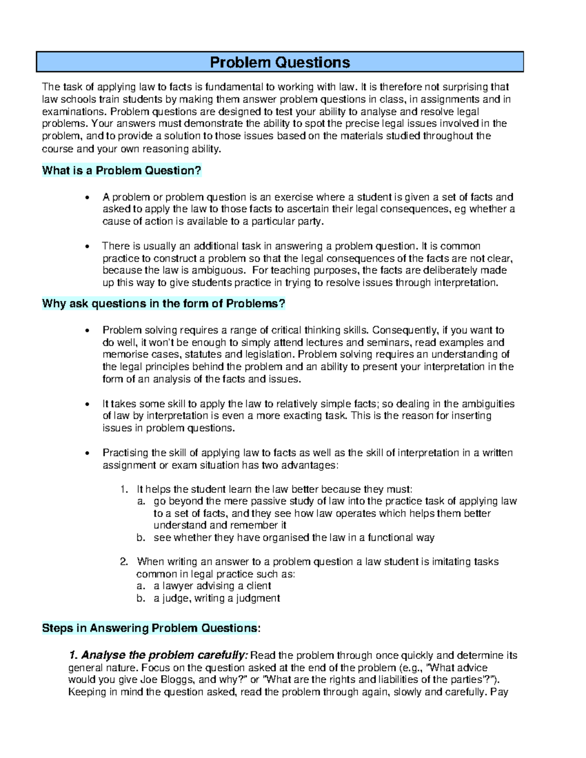 Problem Questions: Analyzing Legal Issues in Law Studies - Studocu