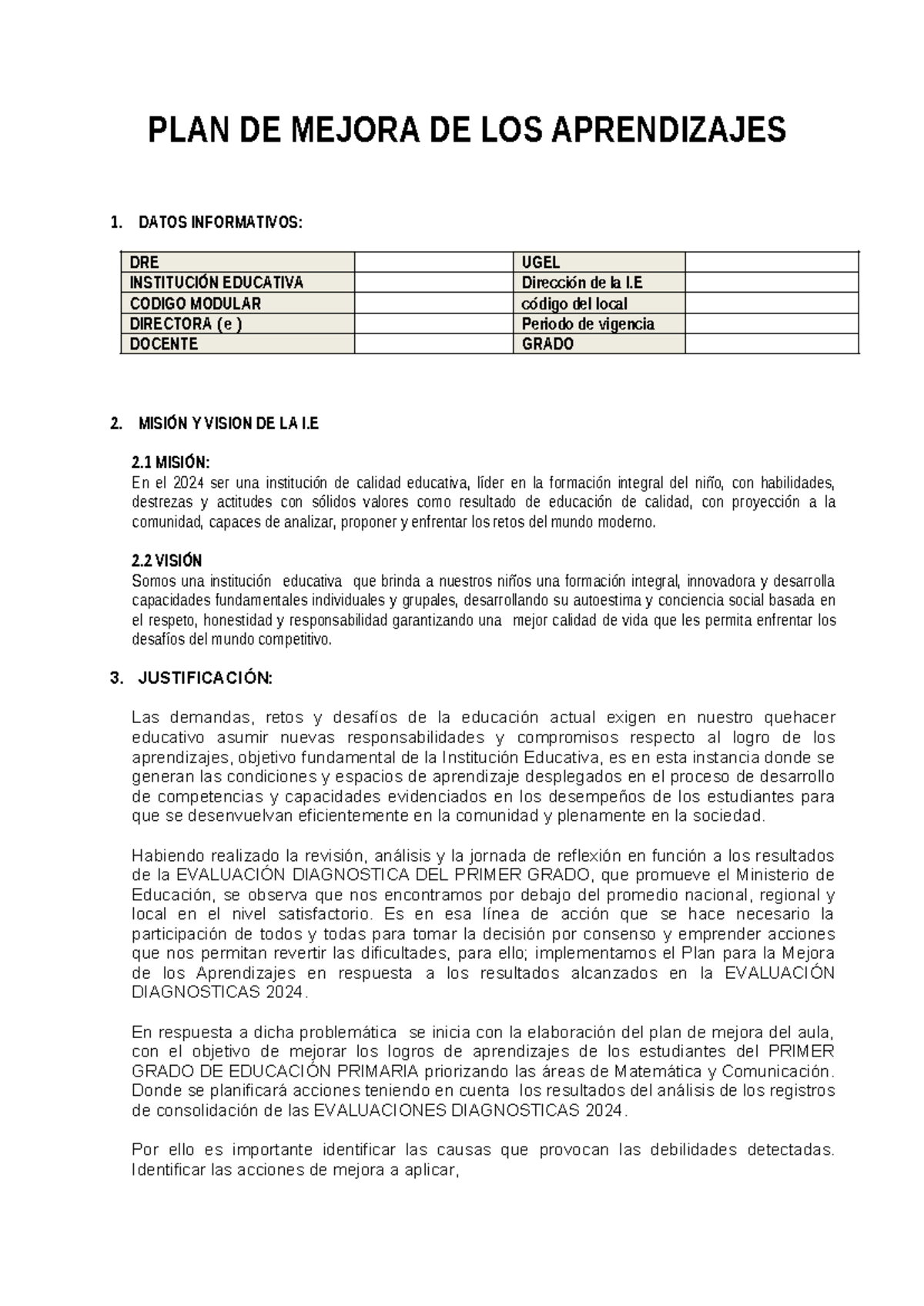 Plan de Mejora de los Aprendizajes para Primer Grado - 2024 - Studocu