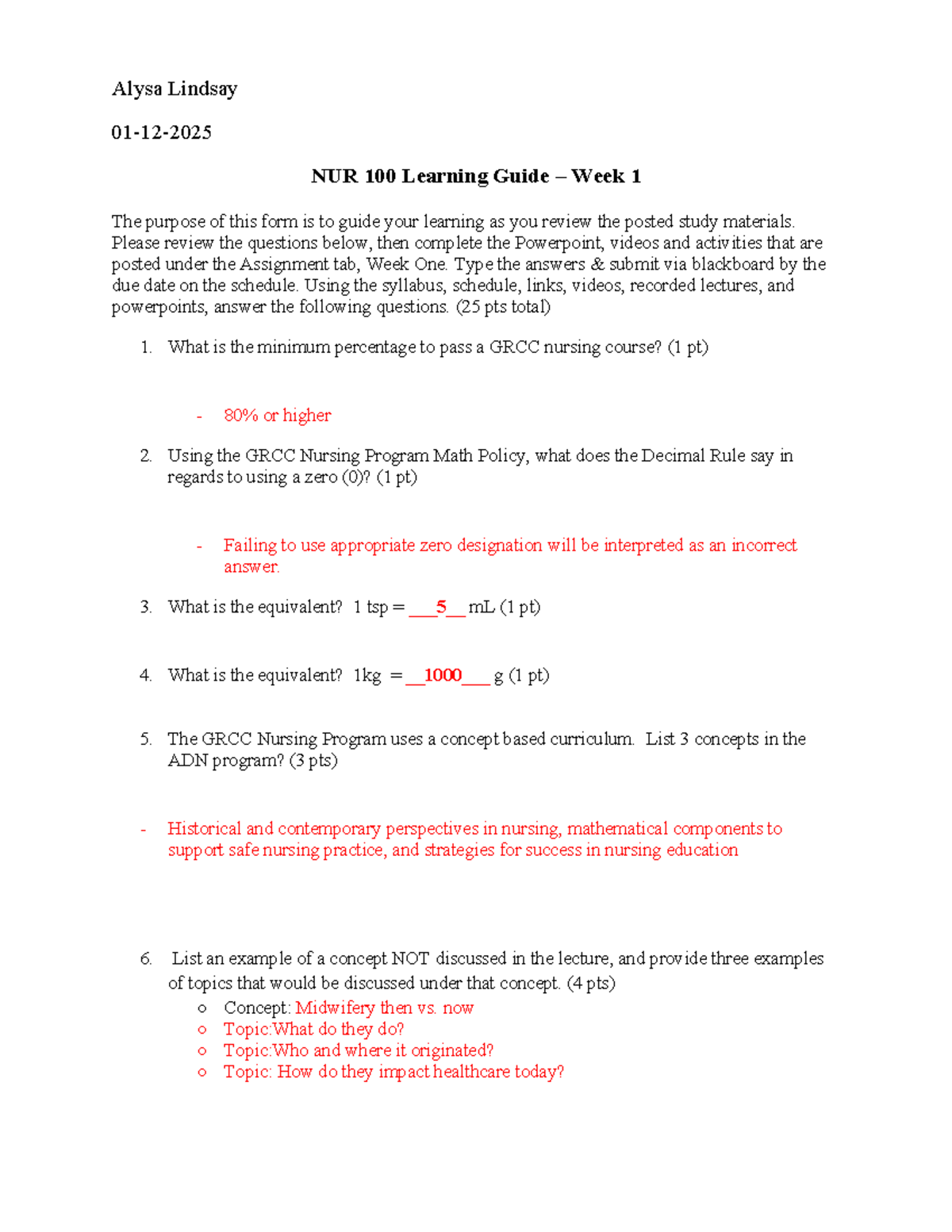 NUR 100 Learning Guide #1 - Week 1 Study Questions & Answers - Studocu