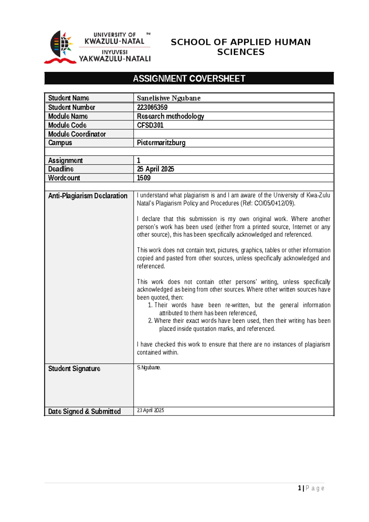 CFSD301 Research Methodology Assignment Cover Page - Studocu