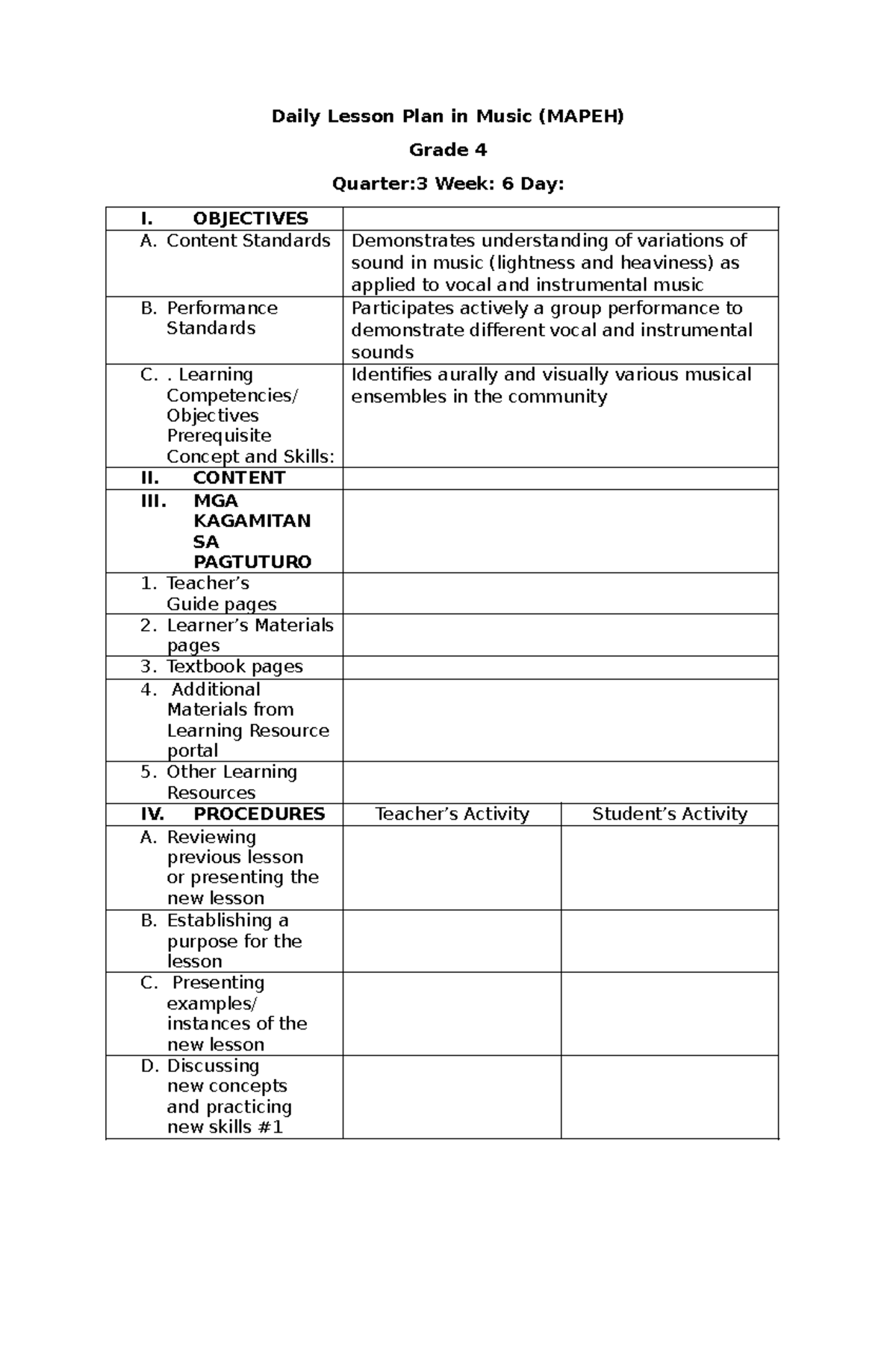 Grade 4 MAPEH Daily Lesson Plan (Quarter 3, Week 6) - Studocu