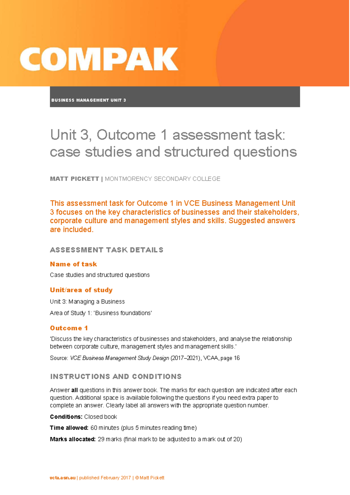 VCE Business Management Unit 3: Case Studies & Structured Questions ...