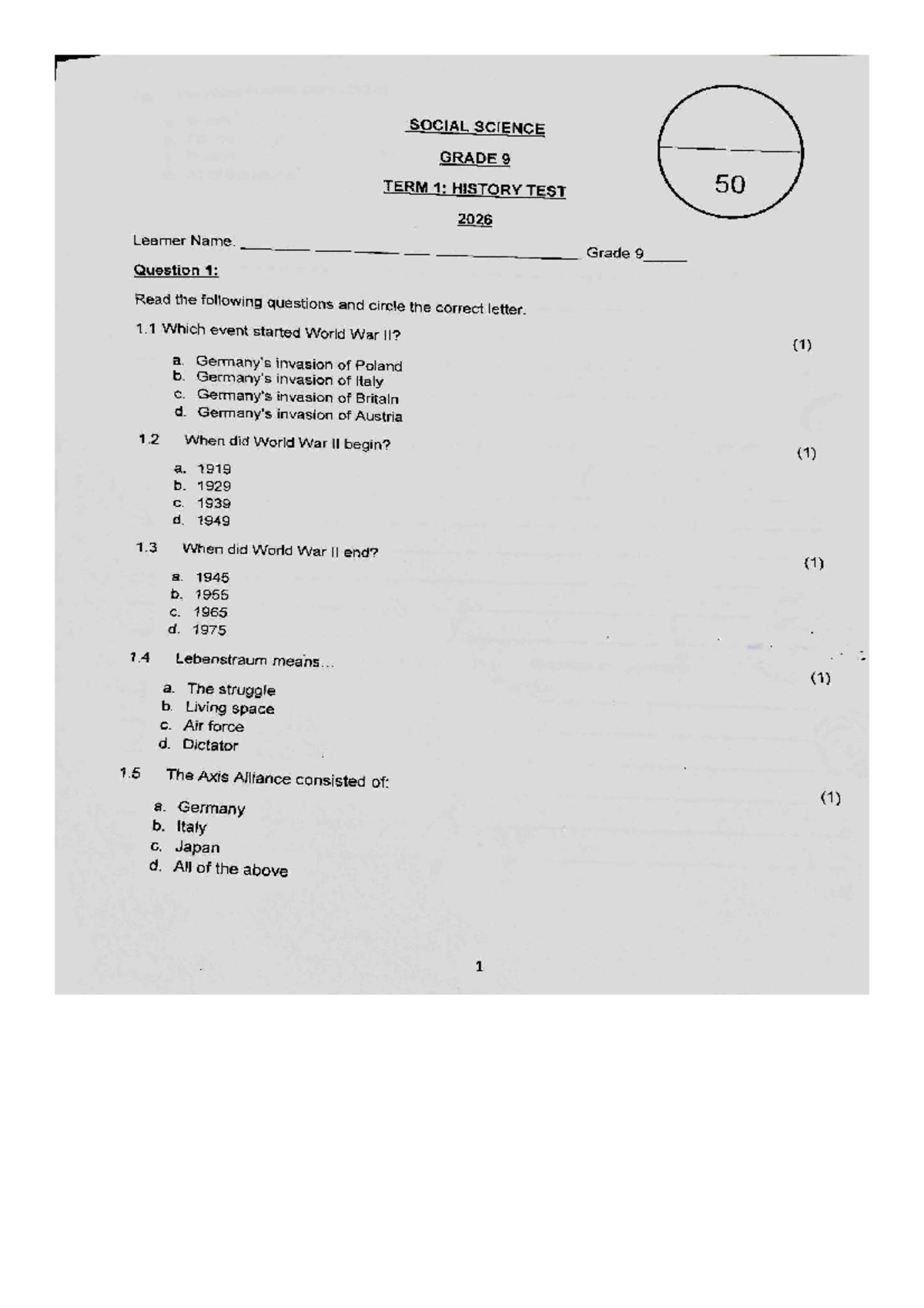 SOCIAL SCIENCE GRADE 9 TERM 1: HISTORY TEST 2026 - Studocu