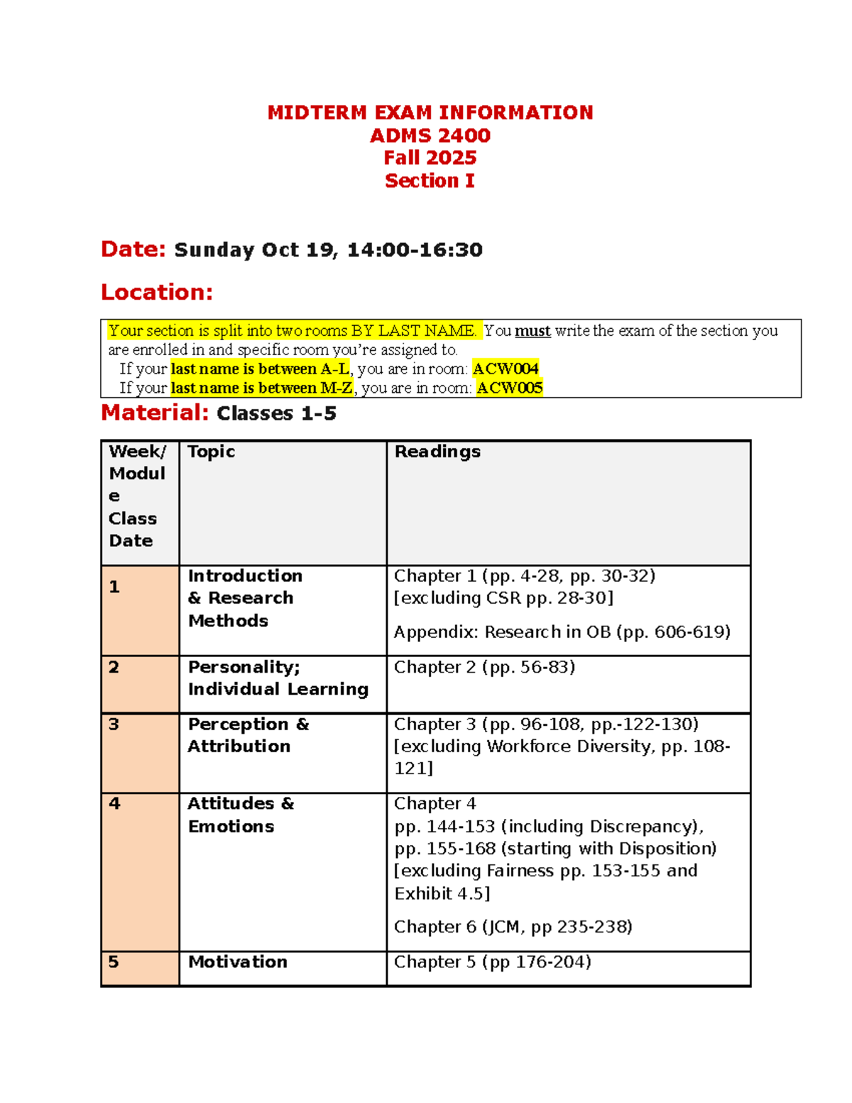 Midterm Exam Info ADMS 2400 Fall 2025 - Section I Details - Studocu