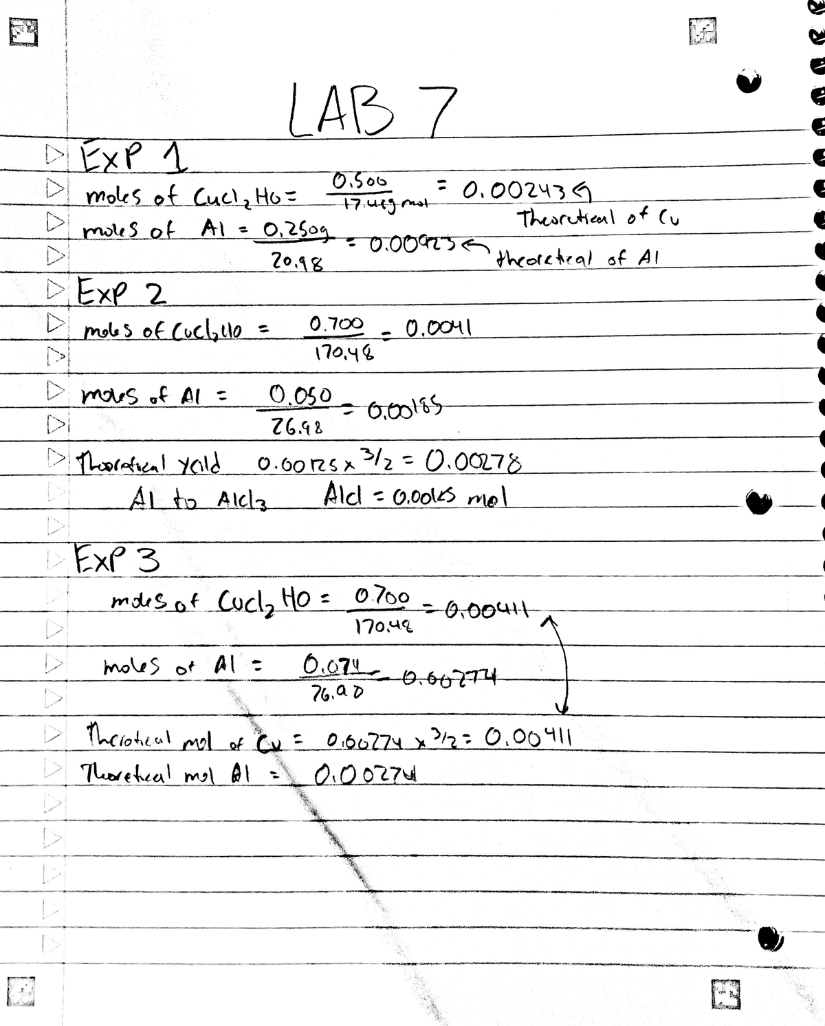CHEMlab 7 - Chem lab 7 - CHEM 1311 - LAB 7 D EXP 1 D 0 moles of Cuel ...