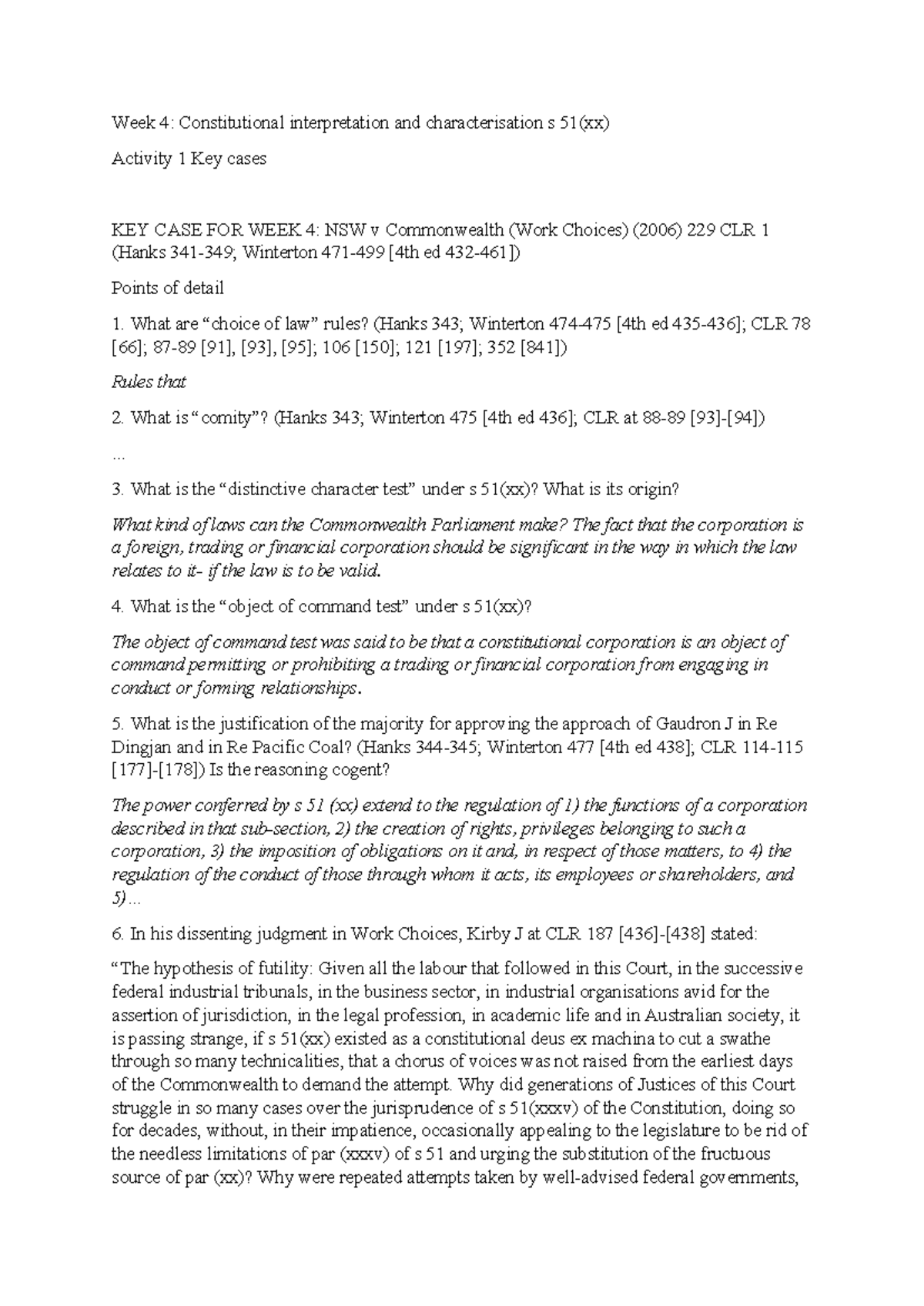LAWS4001 Week 4: Constitutional Interpretation & Key Cases on s 51(xx ...