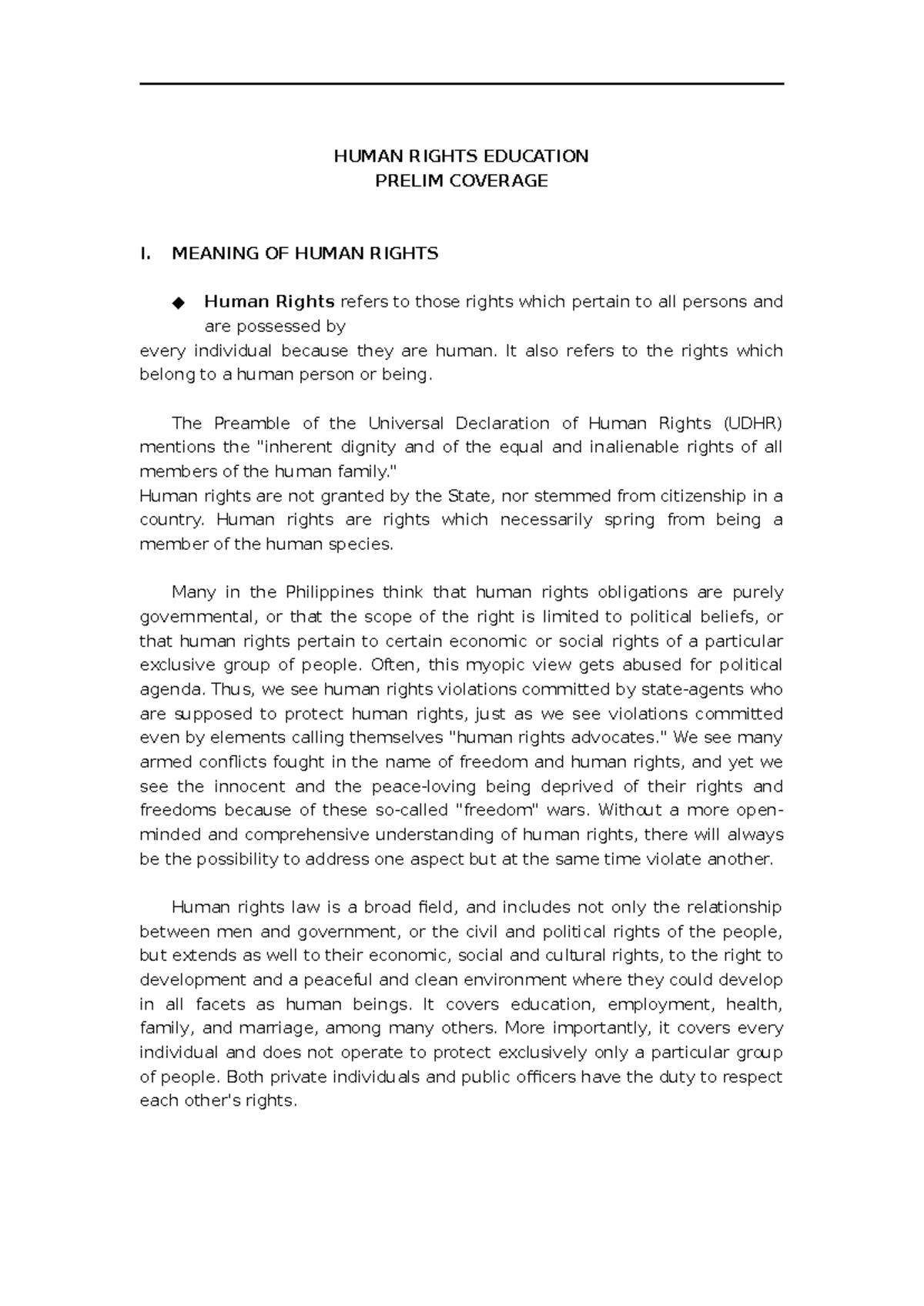 HRE 101: Human Rights Education Preliminary Coverage Notes - Studocu