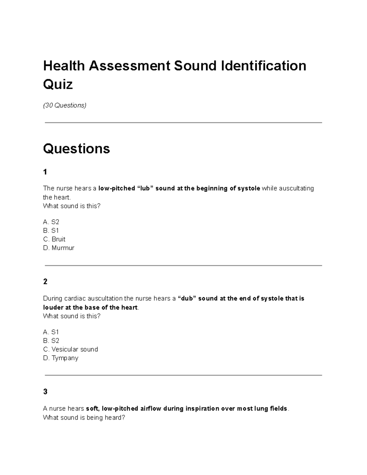 Health Assessment Exam 4: Sound Identification Quiz (30 Qs) - Studocu