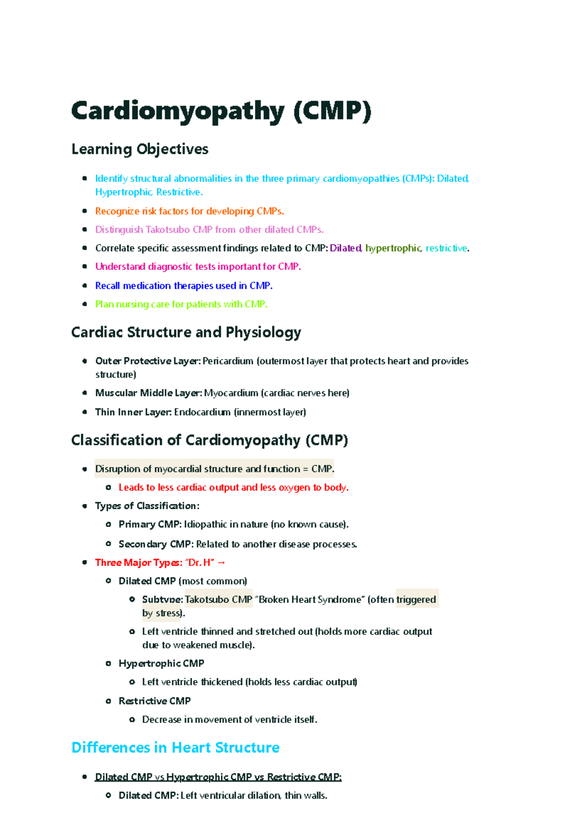Cardiomyopathy (CMP) Overview and Nursing Care Notes - Studocu