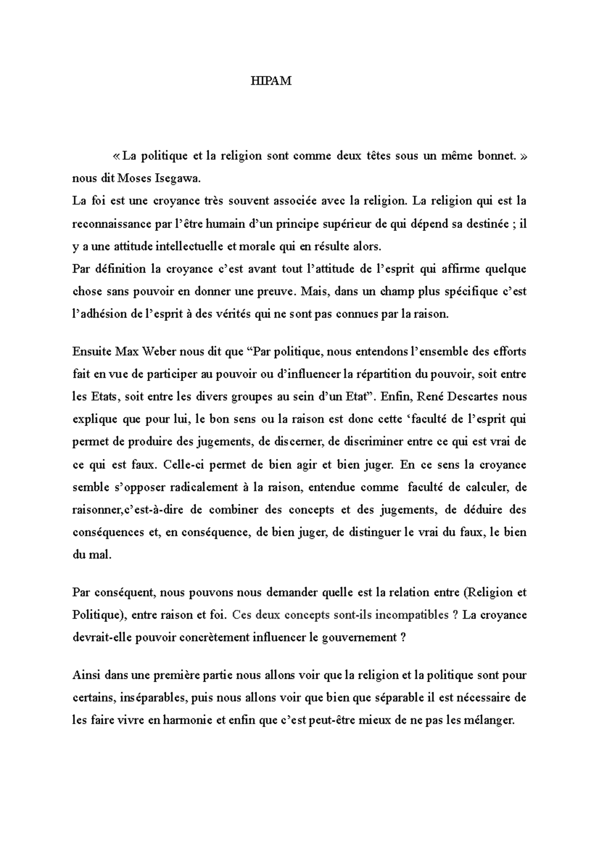 Dissertation sur la Relation entre Religion et Politique : Raison et ...