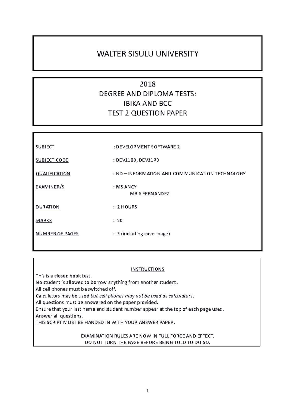 DEV21B0 & DEV21P Test 2 Question Paper - 2018 Development Software 2 ...