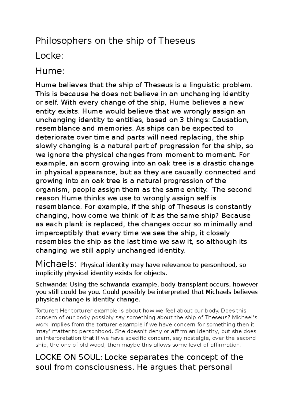 Philosophical Perspectives on Ship of Theseus: Locke & Hume - Studocu