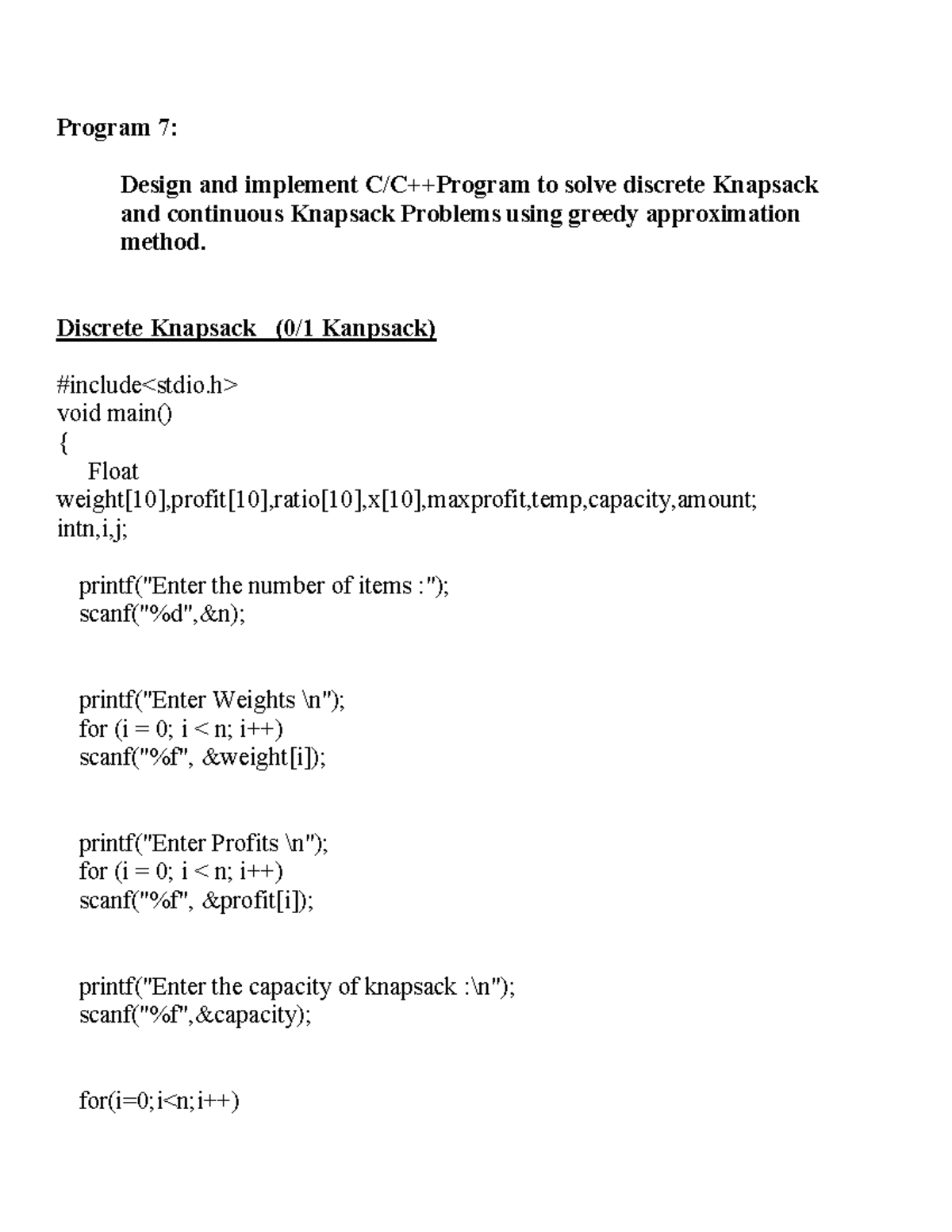 Program 7: Greedy Approximation for Discrete & Continuous Knapsack ...