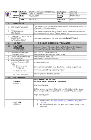 LESSON PLAN IN SCIENCE 6: WEEK 4 - ROTATION AND REVOLUTION - Studocu