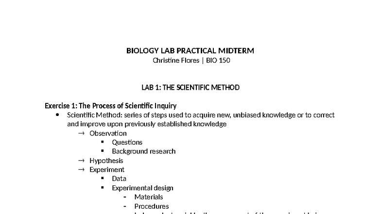 Biology Lab Practical Midterm - BIO 150: Scientific Method & Techniques ...