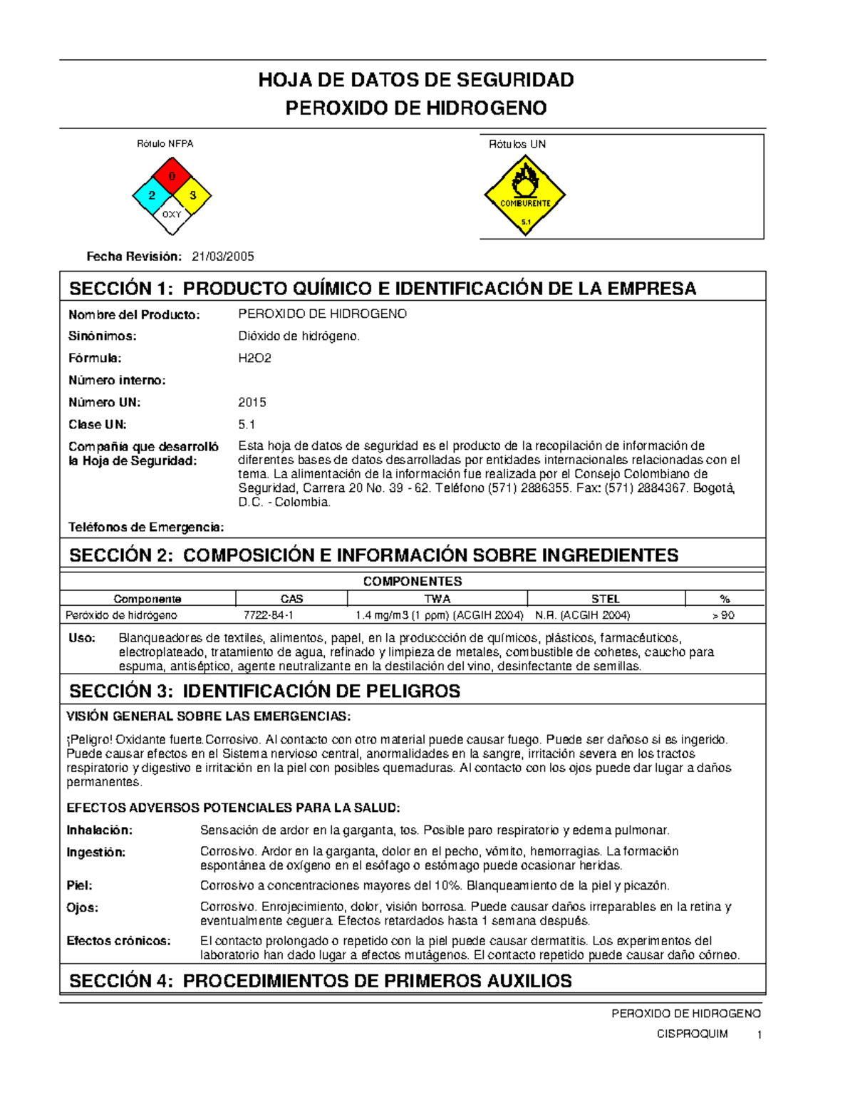 Hoja de Seguridad: Peróxido de Hidrógeno (H2O2) - CISPROQUIM - Studocu