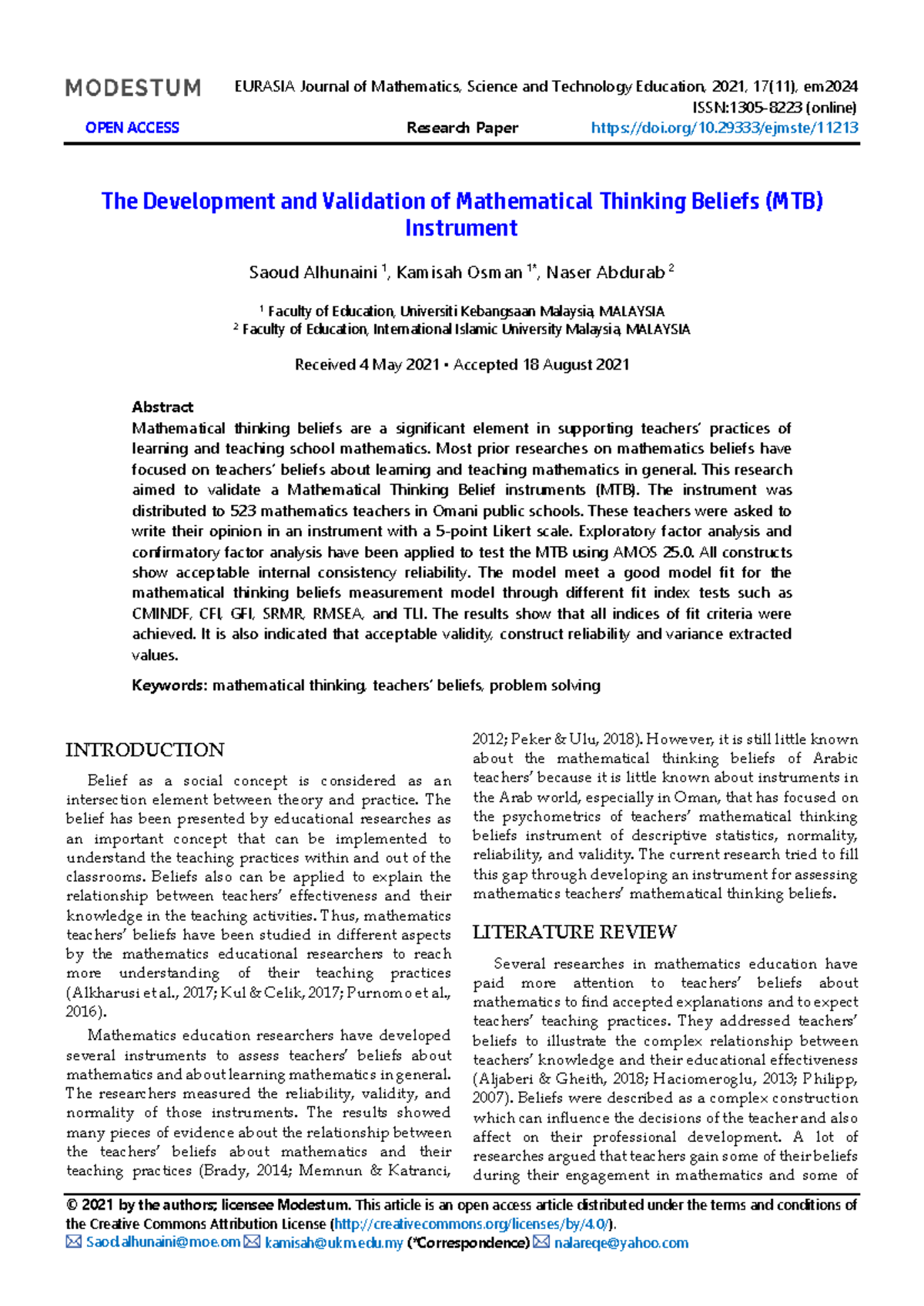 Mathematical Thinking Beliefs Instrument Development and Validation ...