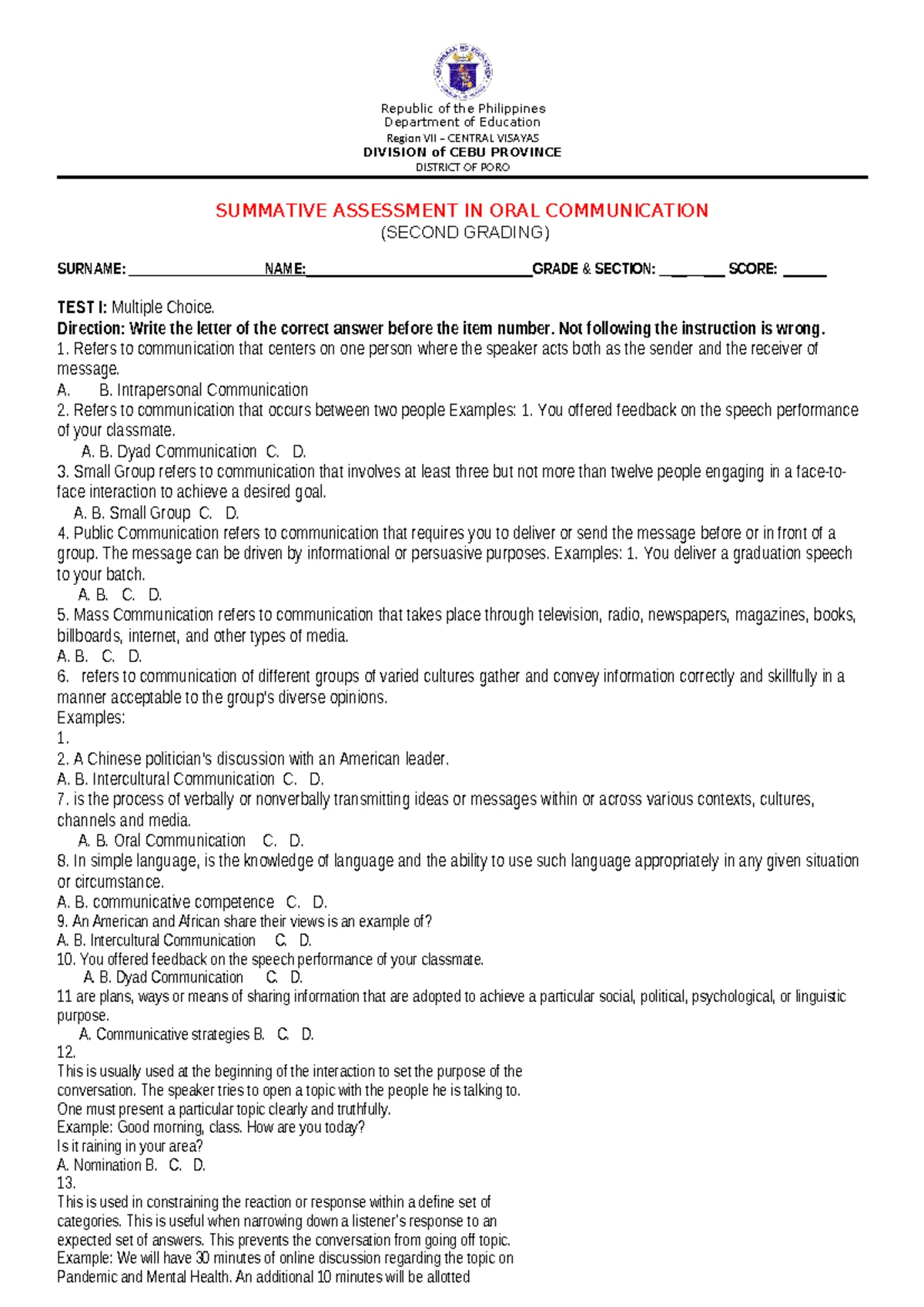 Summative Assessment EAPP 10 - First Grading - October 2023 - Studocu