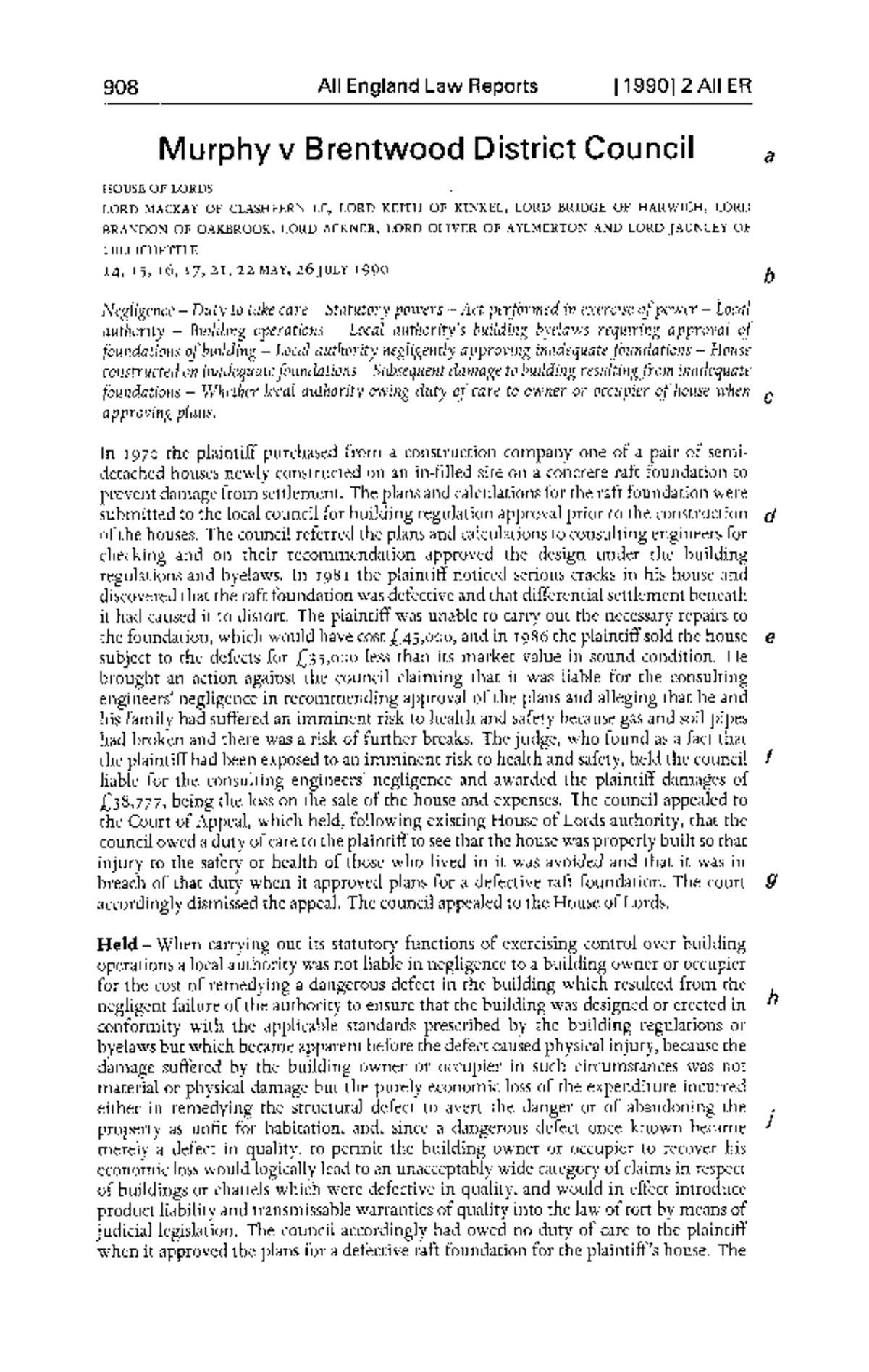Case Study: Murphy v Brentwood District Council [1990] 2 All ER 908  Analysis - Studocu
