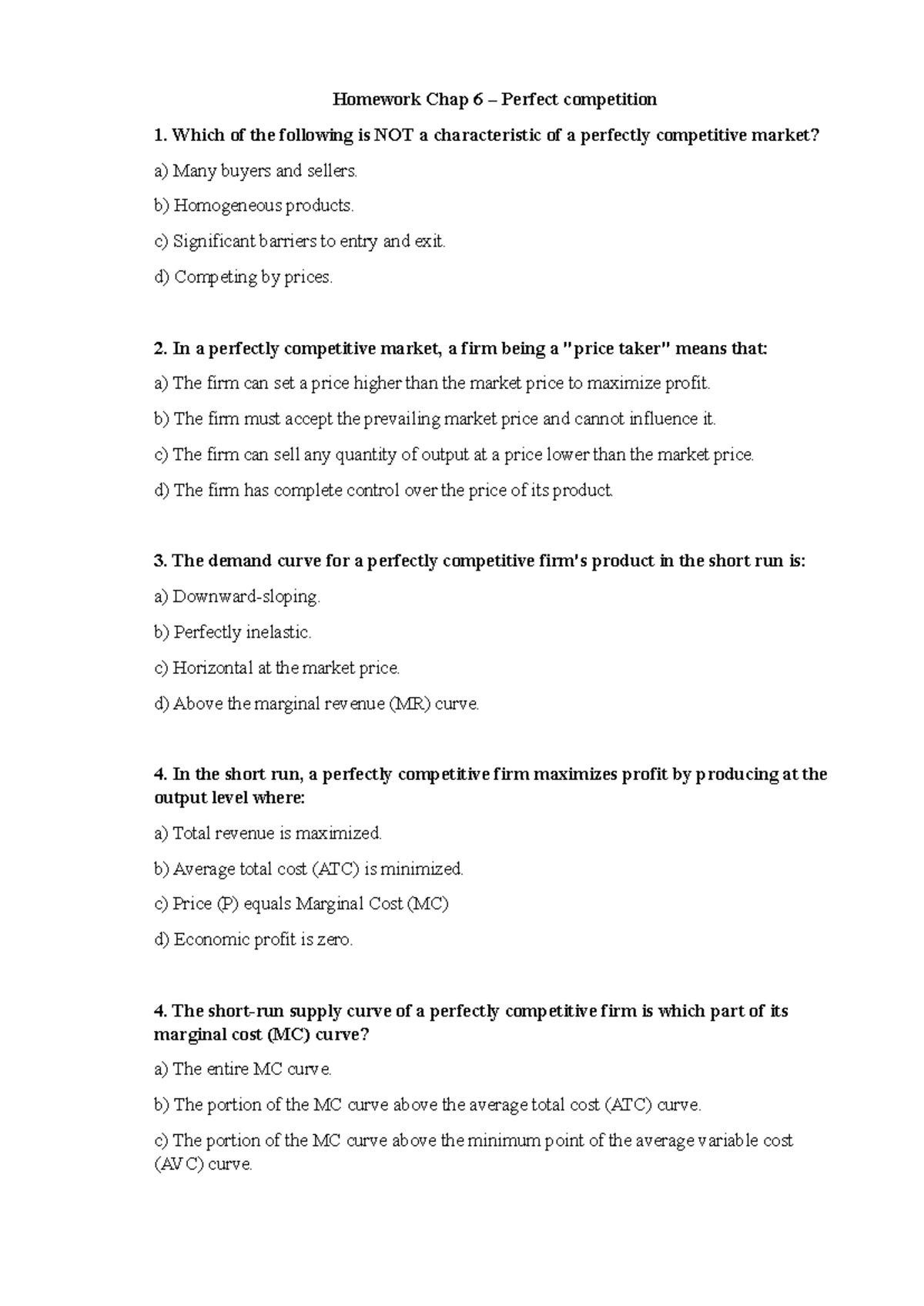 HW Chap 6: Perfect Competition Concepts and Questions - Studocu