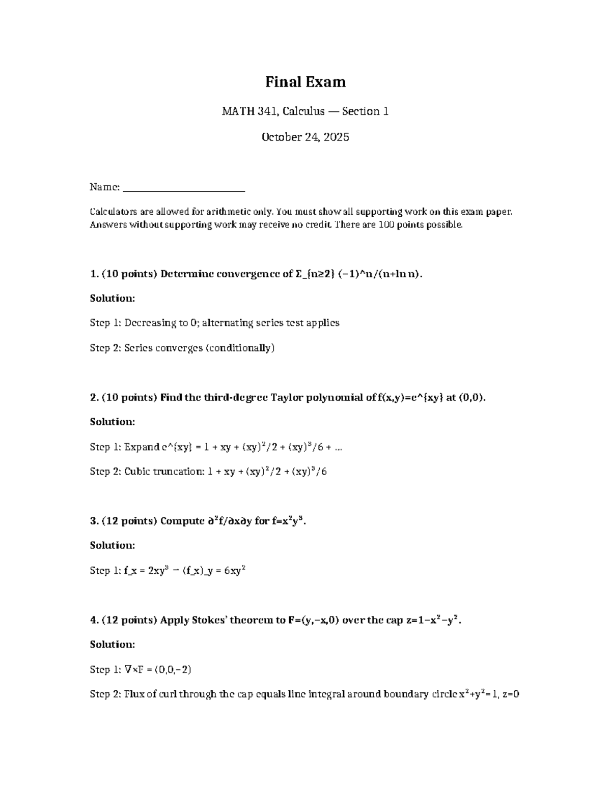 Final Exam Review MATH 341, Calculus Section 1 - Oct 24, 2025 - Studocu