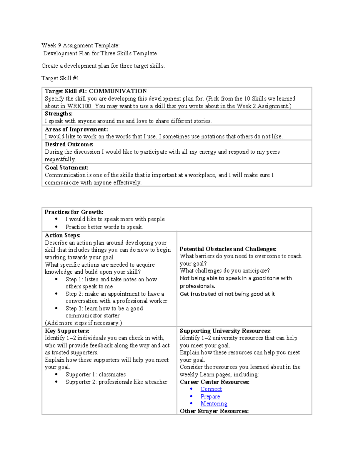 WRK100 Week9 - writing - Week 9 Assignment Template: Development Plan ...