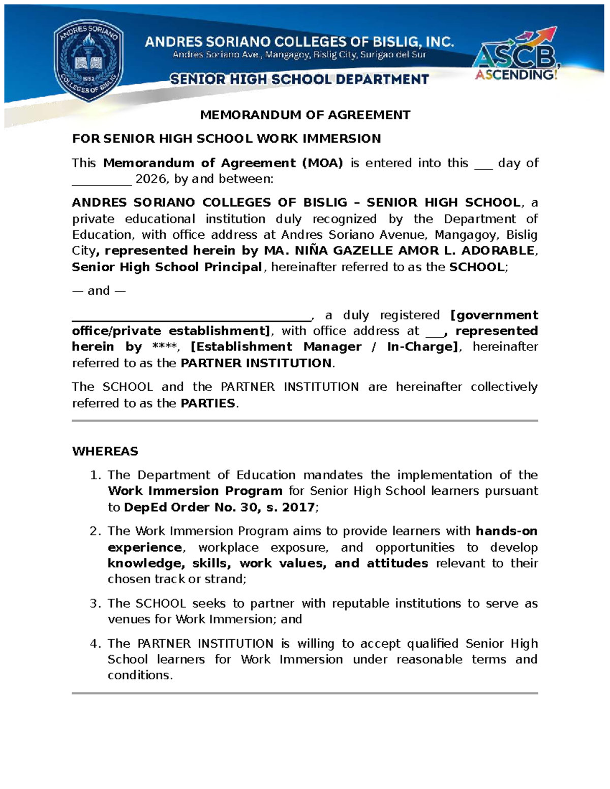 MOA for Senior High School Work Immersion Program 2026 - Studocu