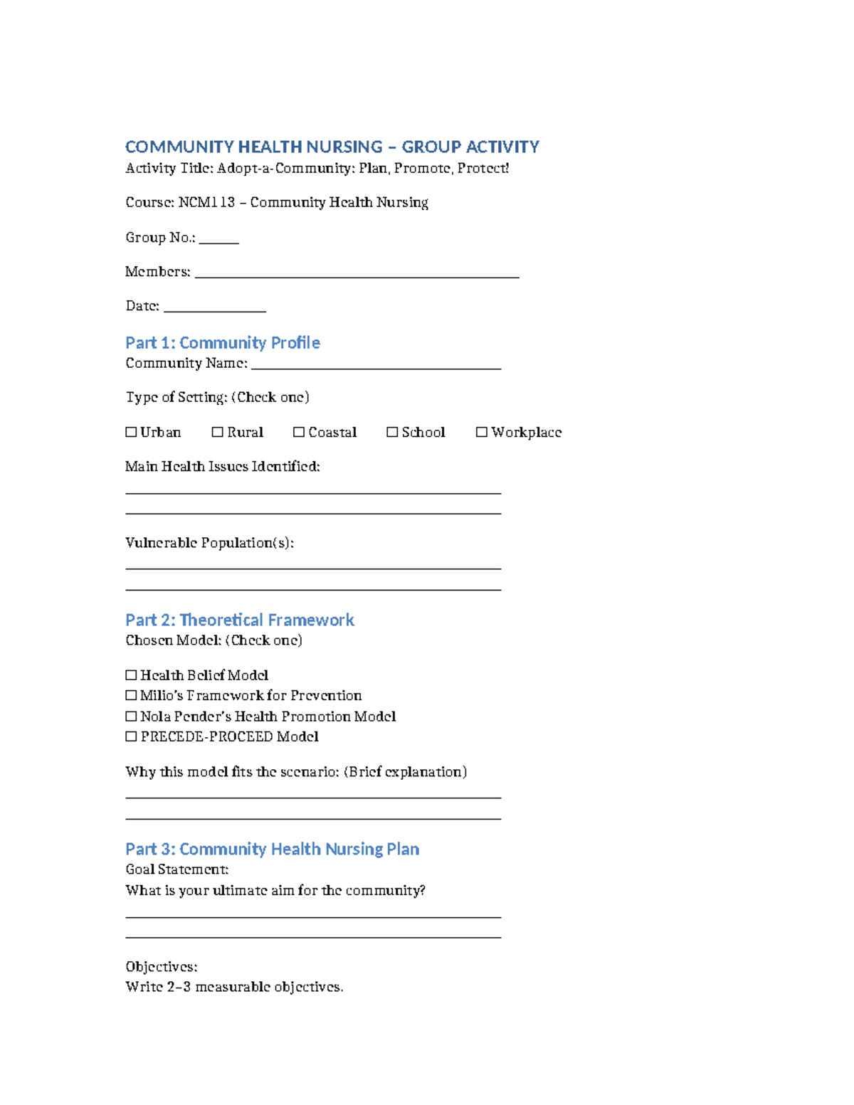 NCM113 Community Health Nursing Group Activity Template - Studocu