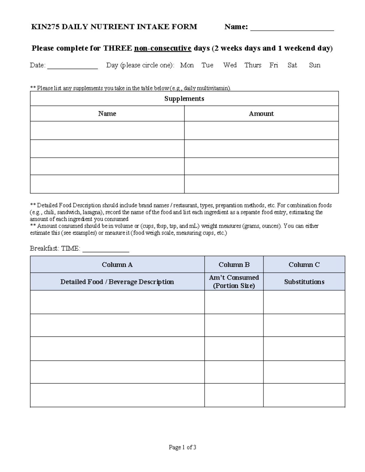 1 KIN275-202410 Daily Nutrient Intake Form - KIN275 DAILY NUTRIENT ...