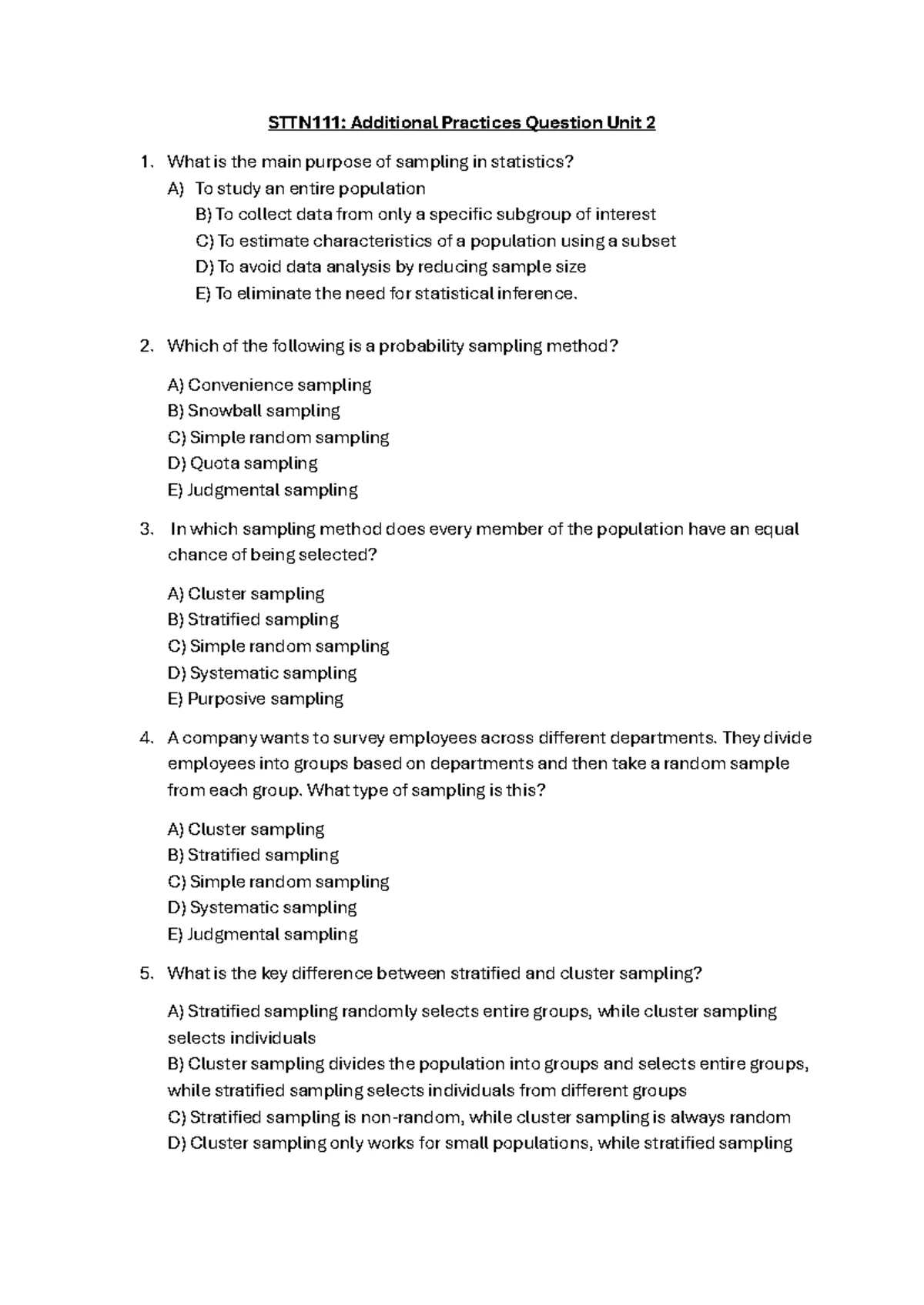 Unit 1 Additional Practice Questions on Statistics Concepts - Studocu