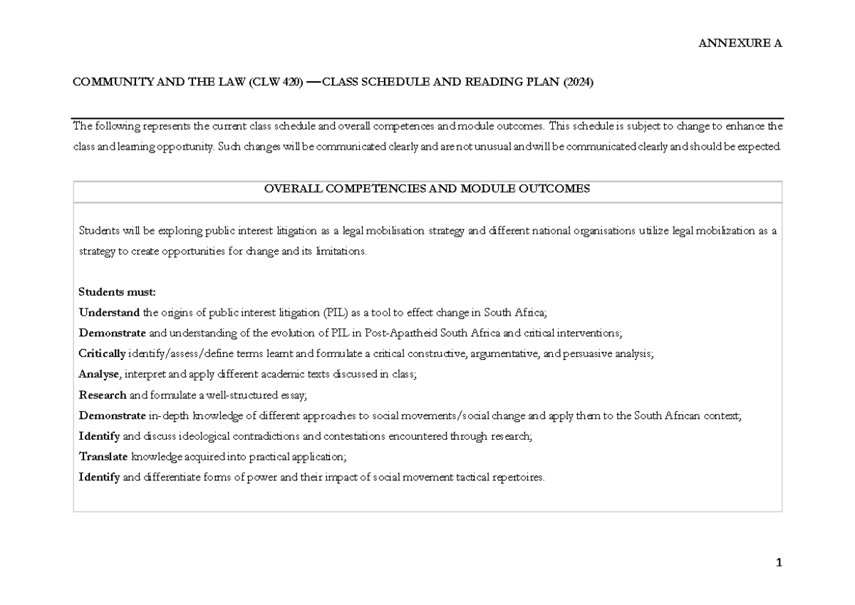 CLW 420 Teaching Schedule AND Reading PLAN 2024 - COMMUNITY AND THE LAW ...