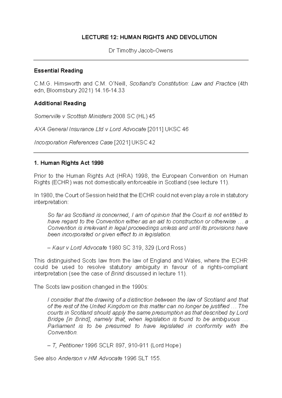 LECTURES 12-15 HANDOUTS: HUMAN RIGHTS, POLICE POWERS & FREEDOM OF ...