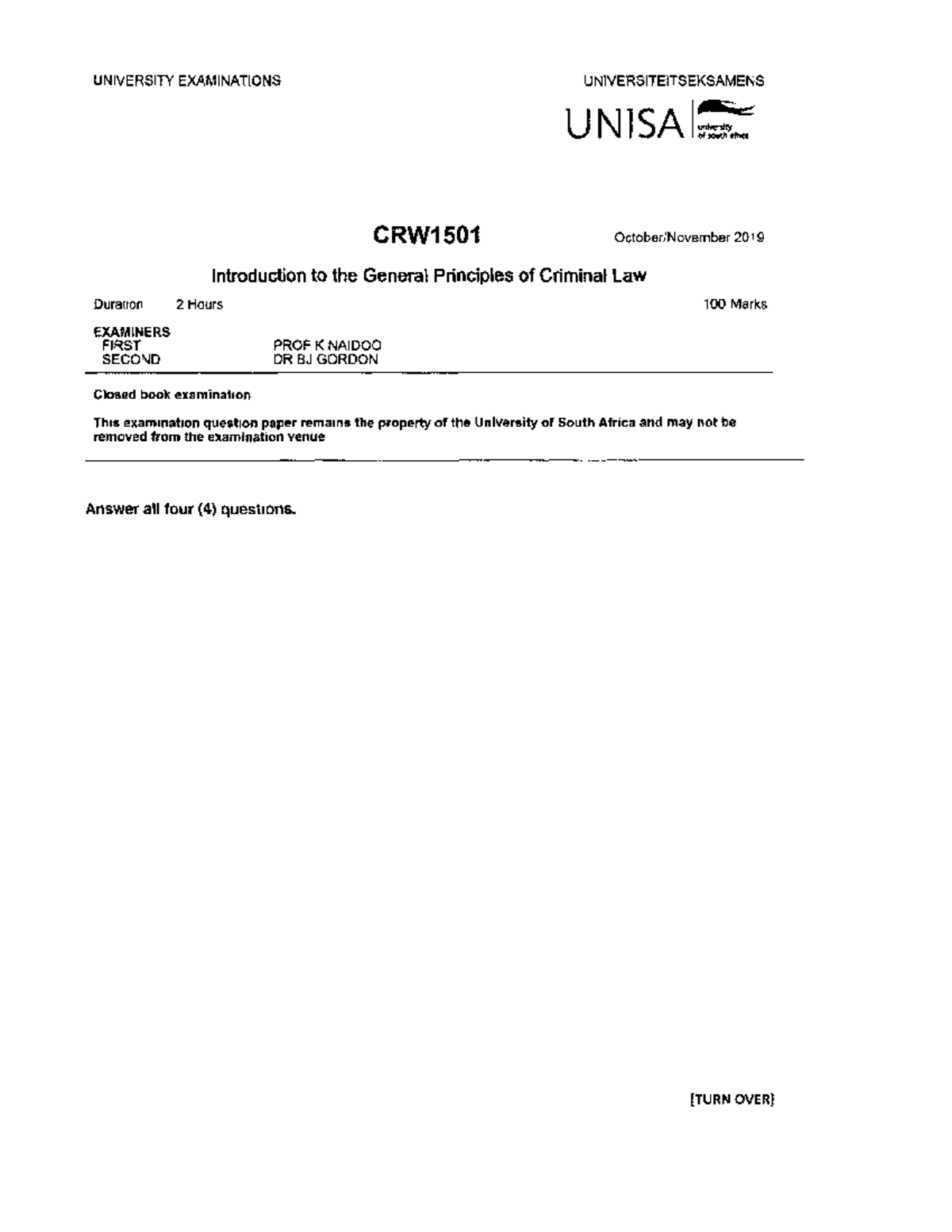 CRW1501 2019 Exam Prep: General Principles of Criminal Law - Studocu