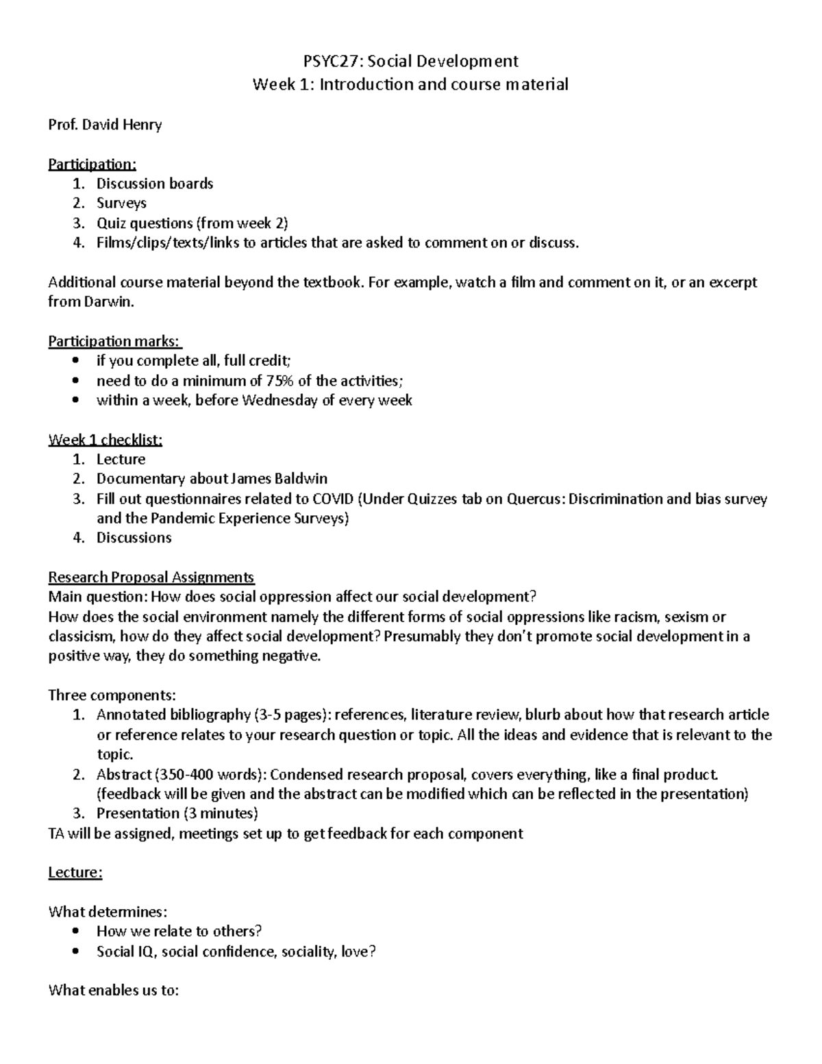 PSYC27- Week 1 - Lecture notes for week 1 - PSYC27: Social Development ...