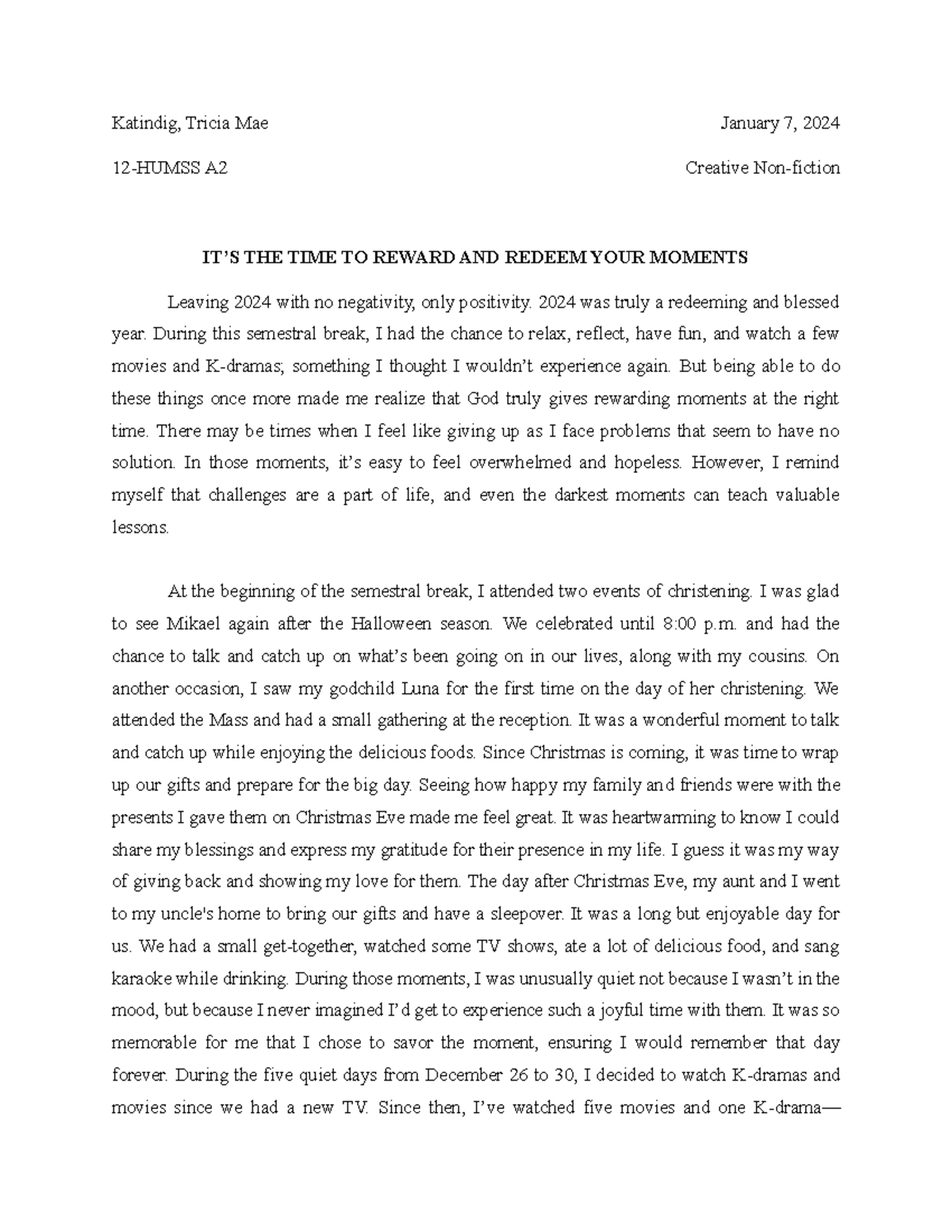 A2 January 7, 2024 Essay: Reflecting on My Holiday Break Experiences ...