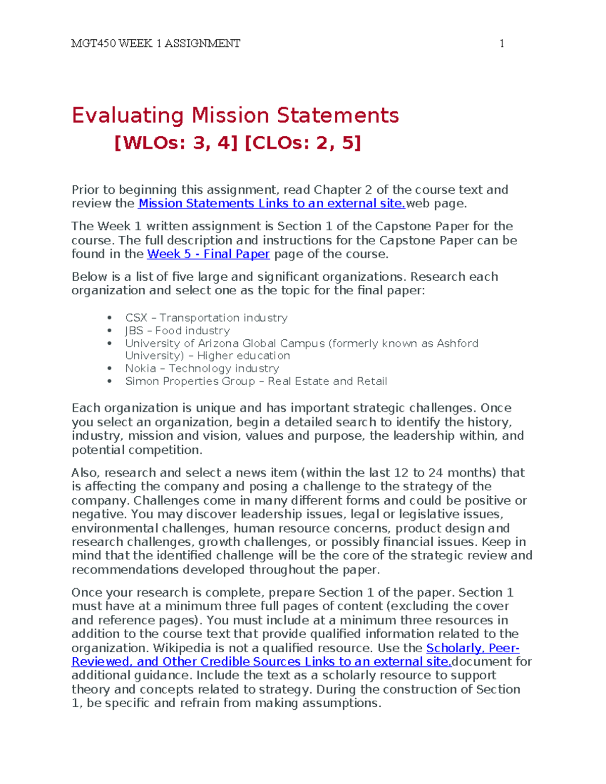 MGT450 Week 1 Assignment: Evaluating Mission Statements of Nokia - Studocu