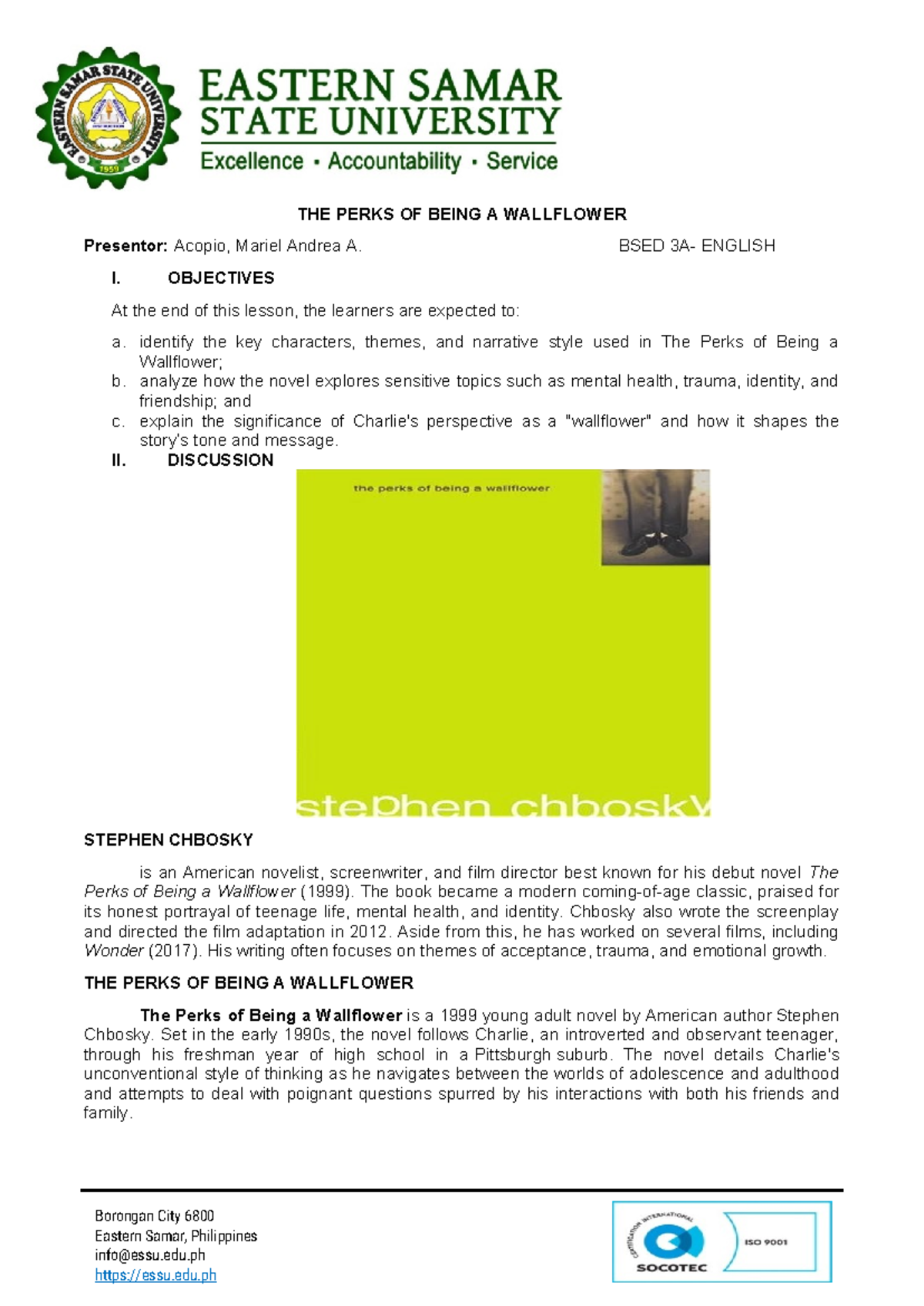BSED ENGLISH: Summary of The Perks of Being a Wallflower - Studocu