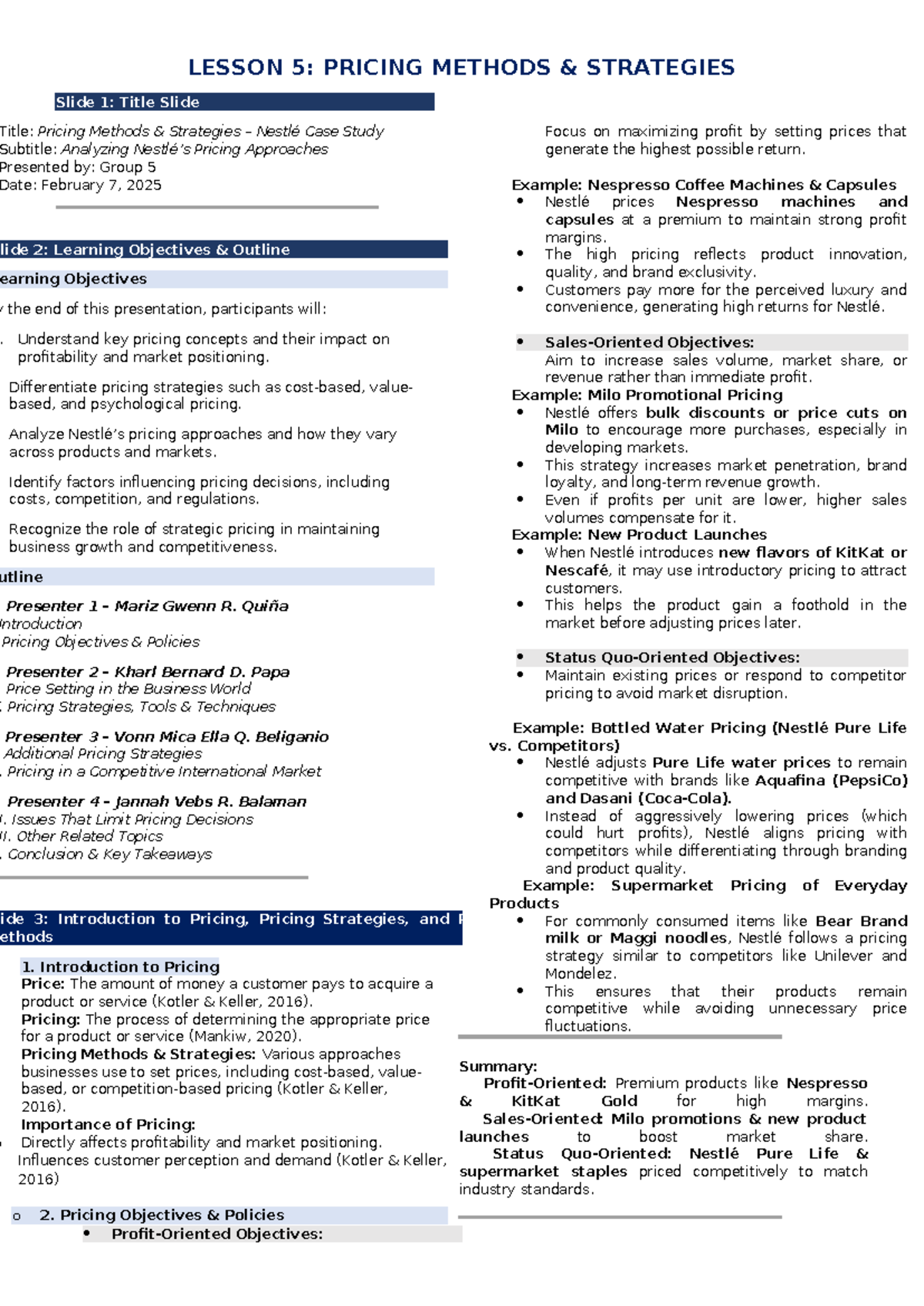 LESSON 5: PRICING METHODS STRATEGIES - Nestlé Case Study Overview - Studocu
